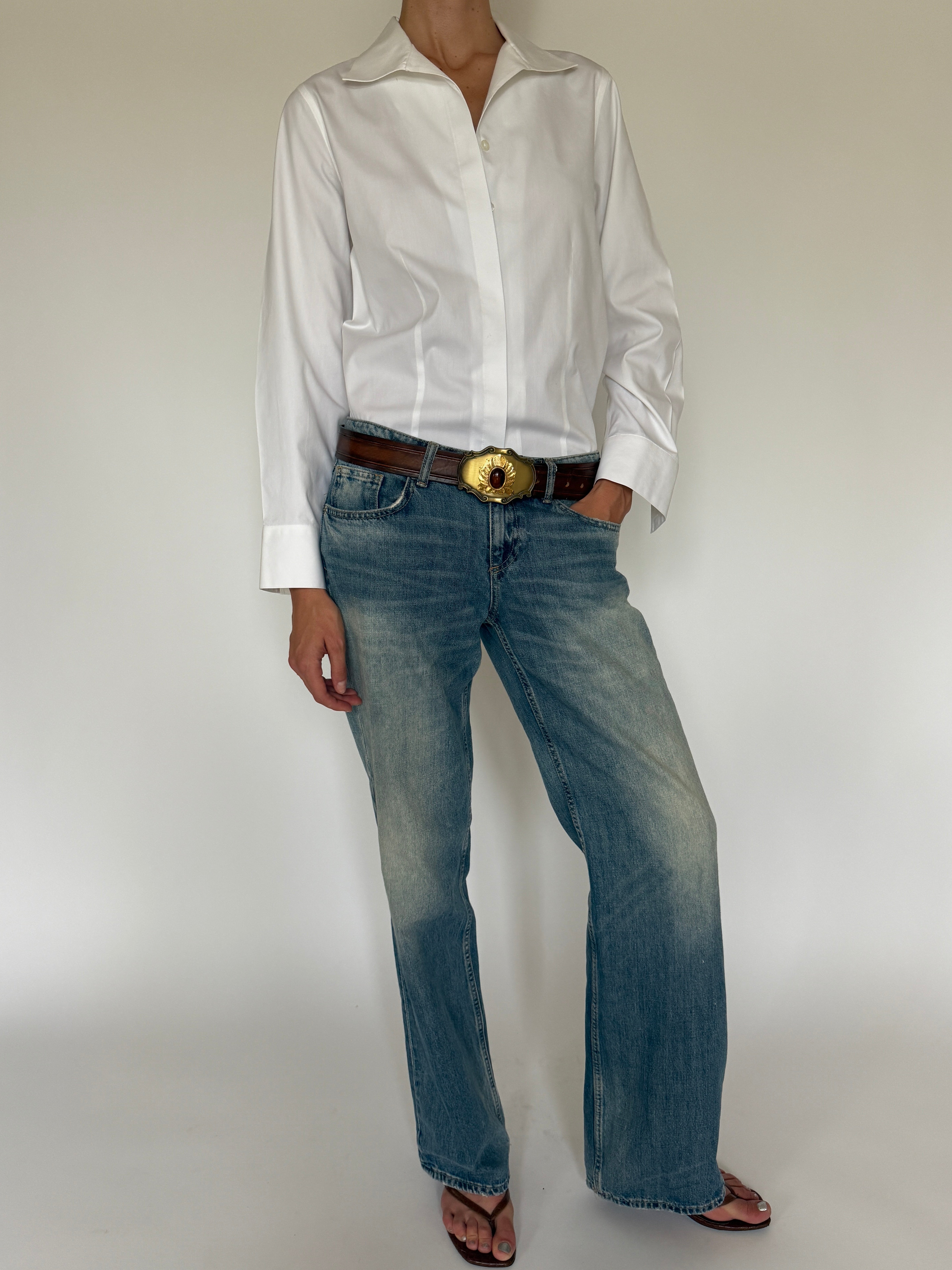 Vintage Statement Buckle Leather Belt Brown 8165