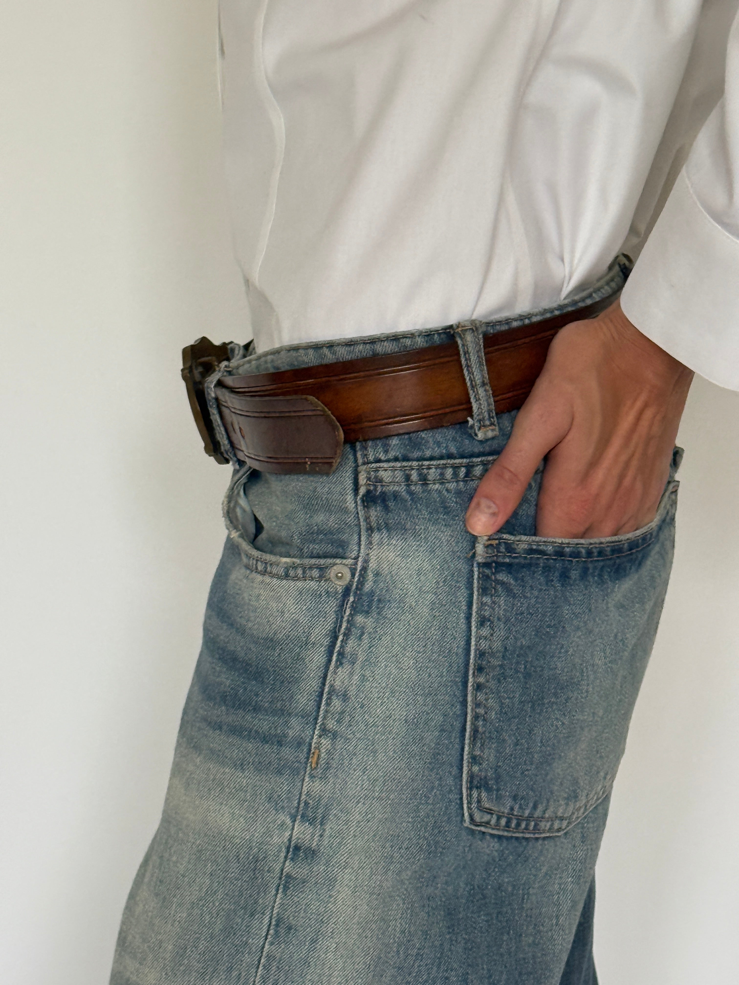 Vintage Statement Buckle Leather Belt Brown 8165