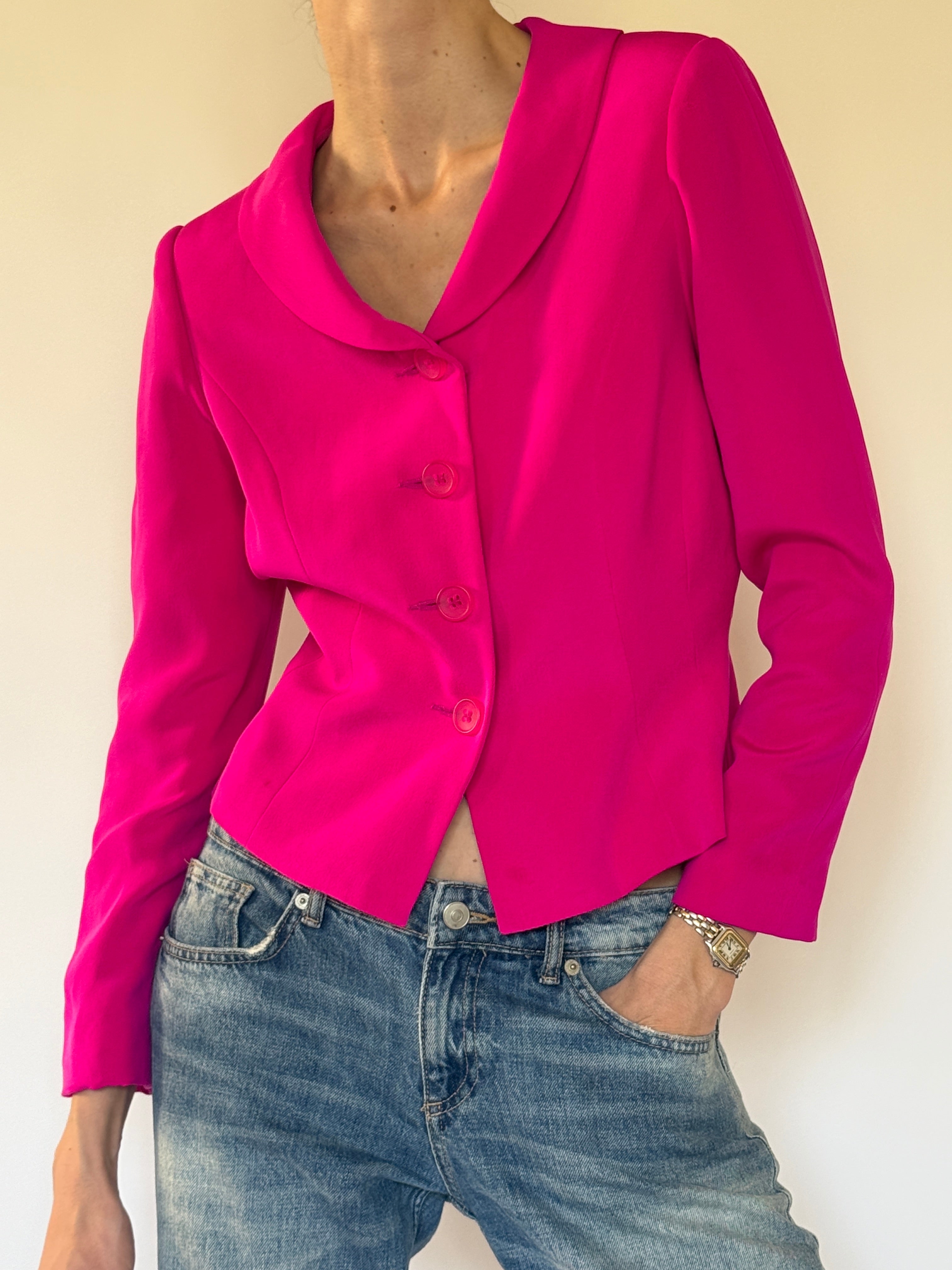 Vintage waist shaping detail on pink silk jacket