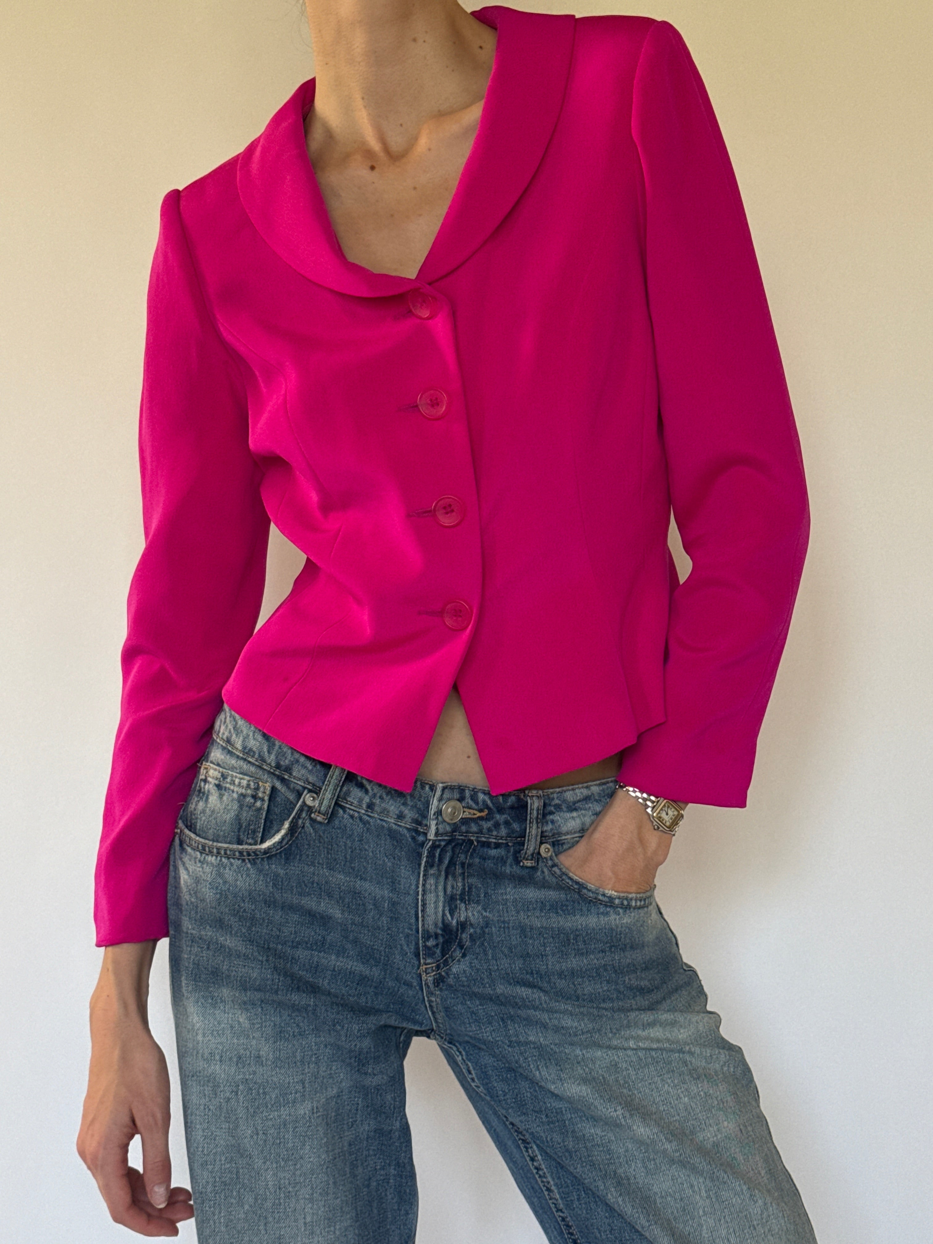 Vintage pink button detail on silk jacket