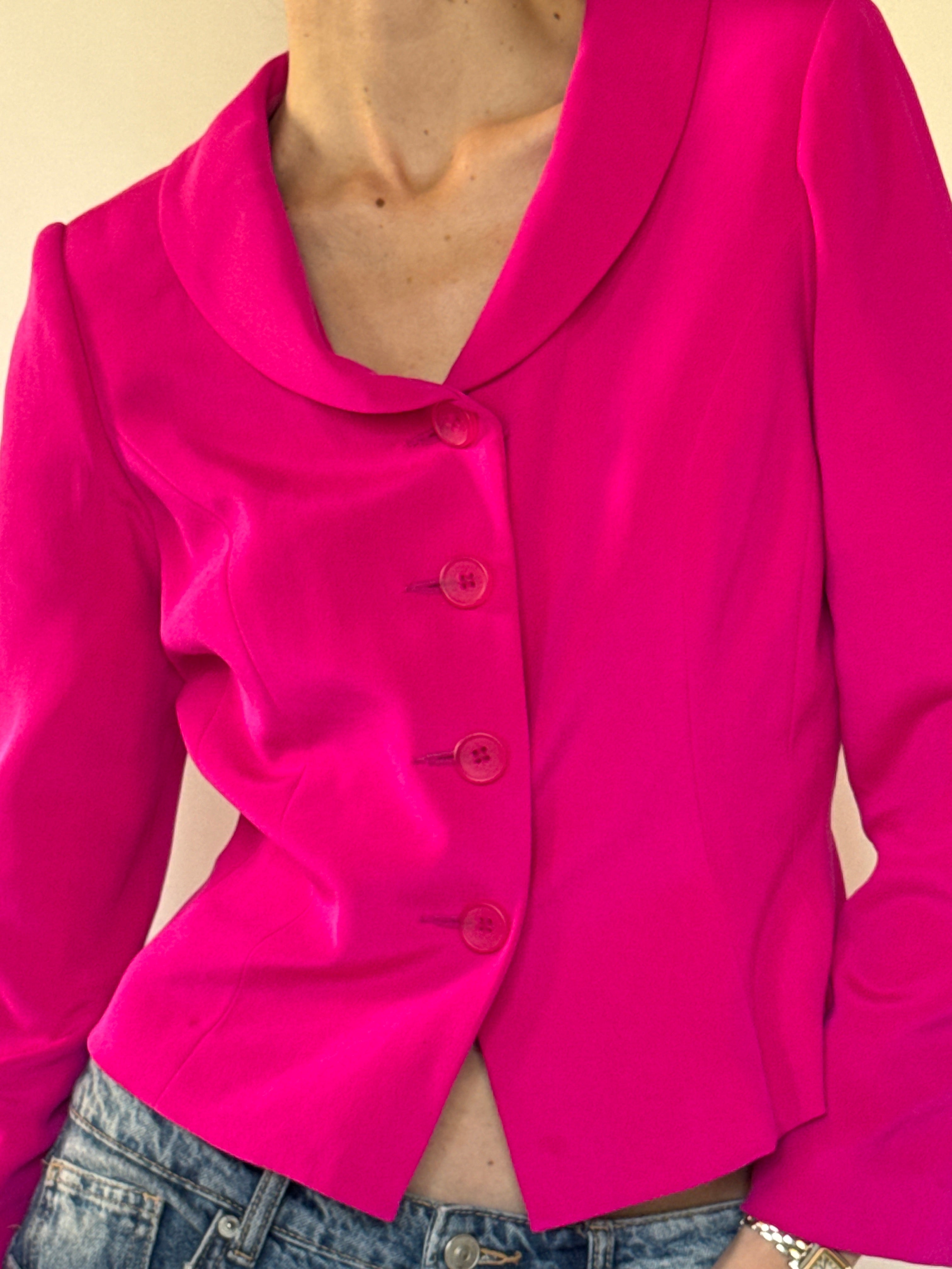 Vintage pink silk evening jacket front view with curved collar