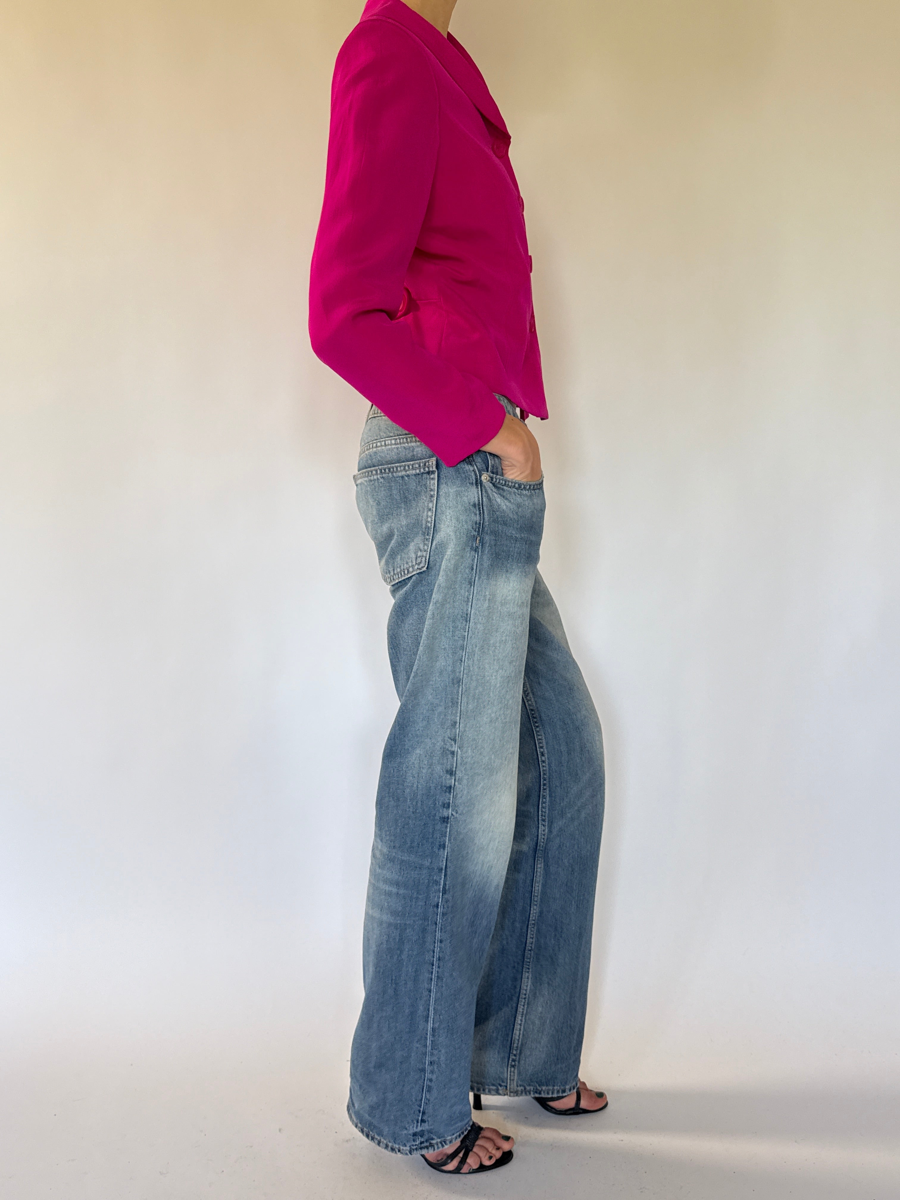Vintage pink silk jacket side view with fitted silhouette