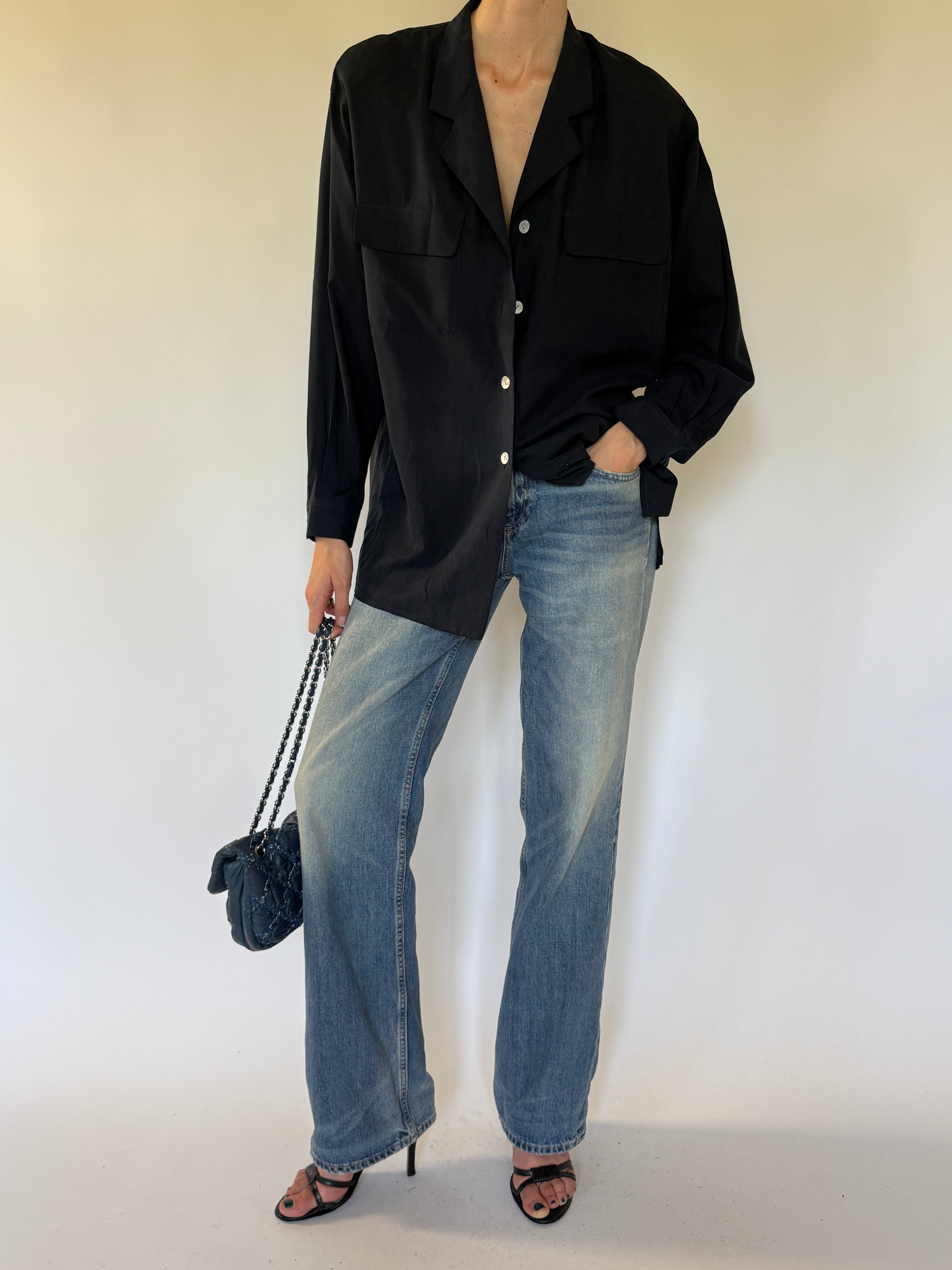 Vintage black silk oversized shirt front view