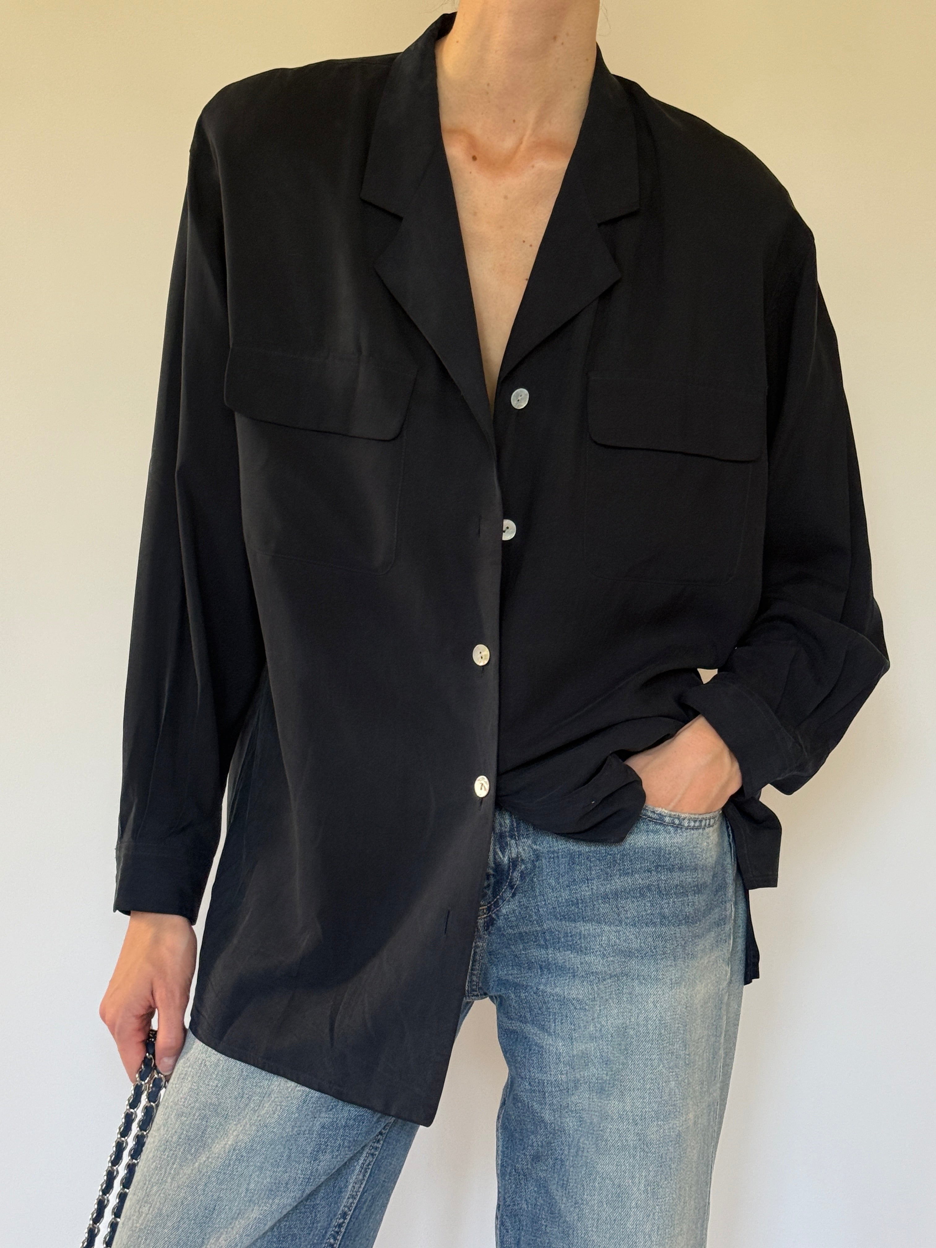 Vintage black silk oversized shirt front view