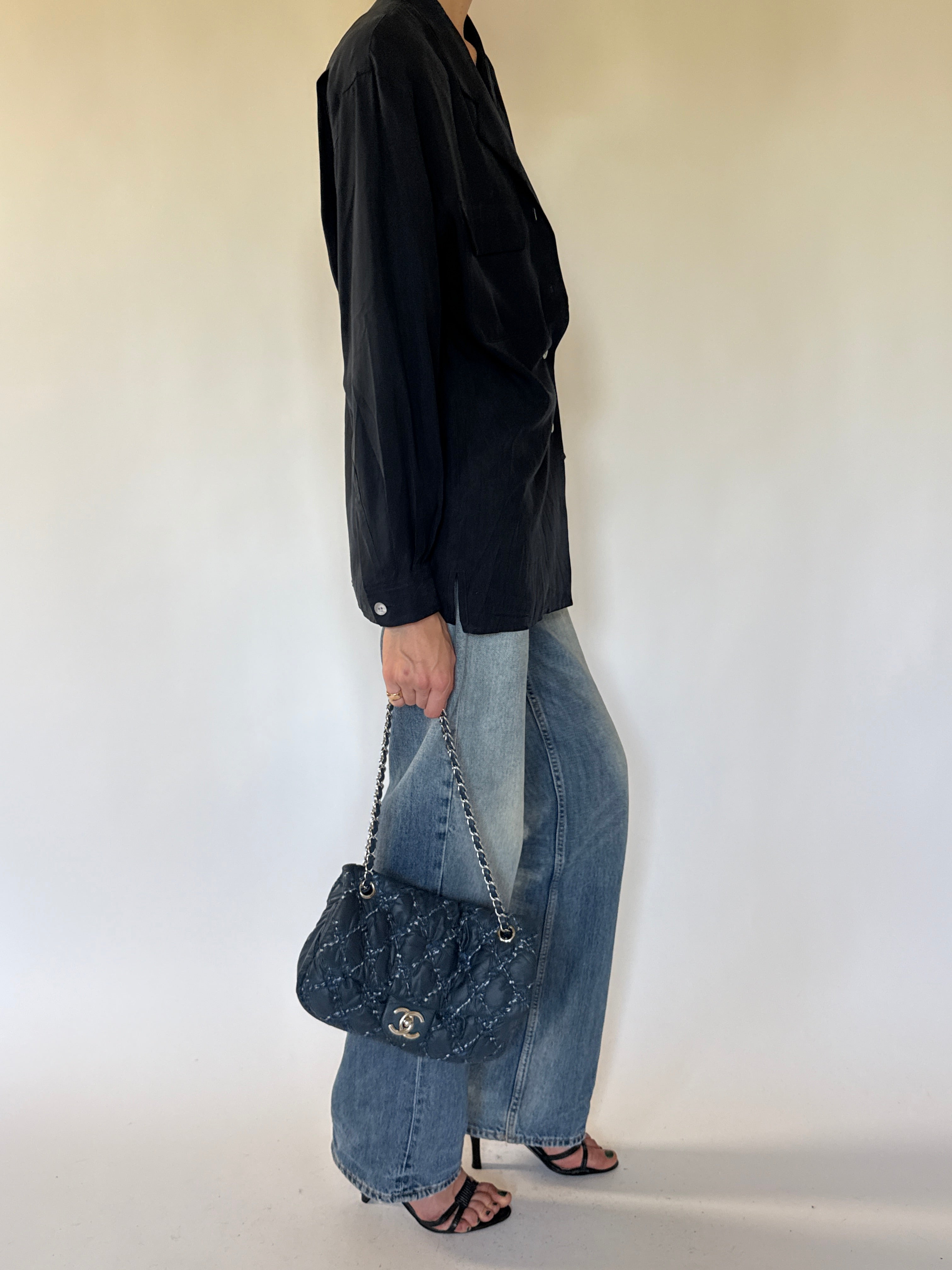 Vintage black silk oversized shirt side view