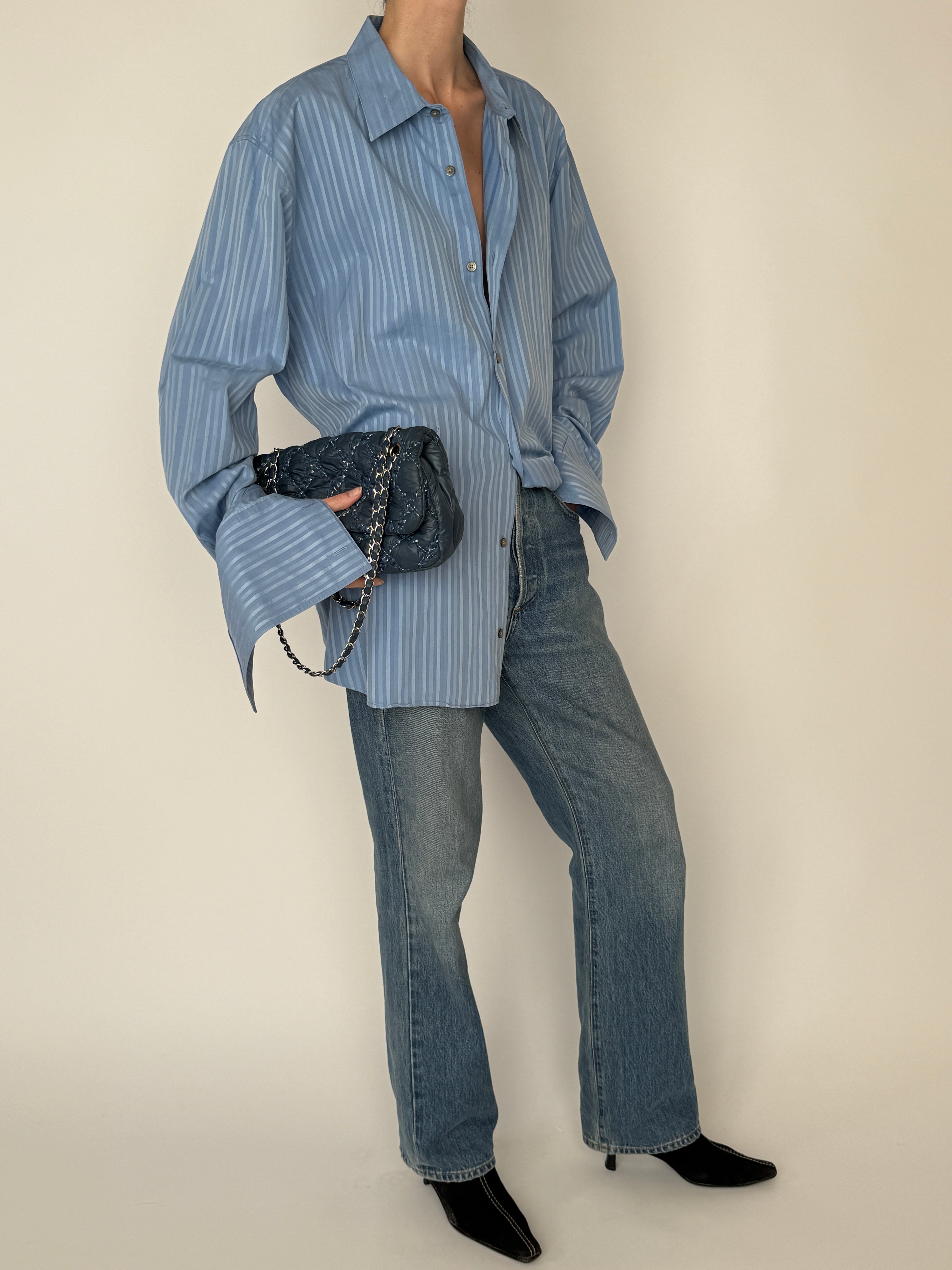 Vintage blue oversized striped shirt side view
