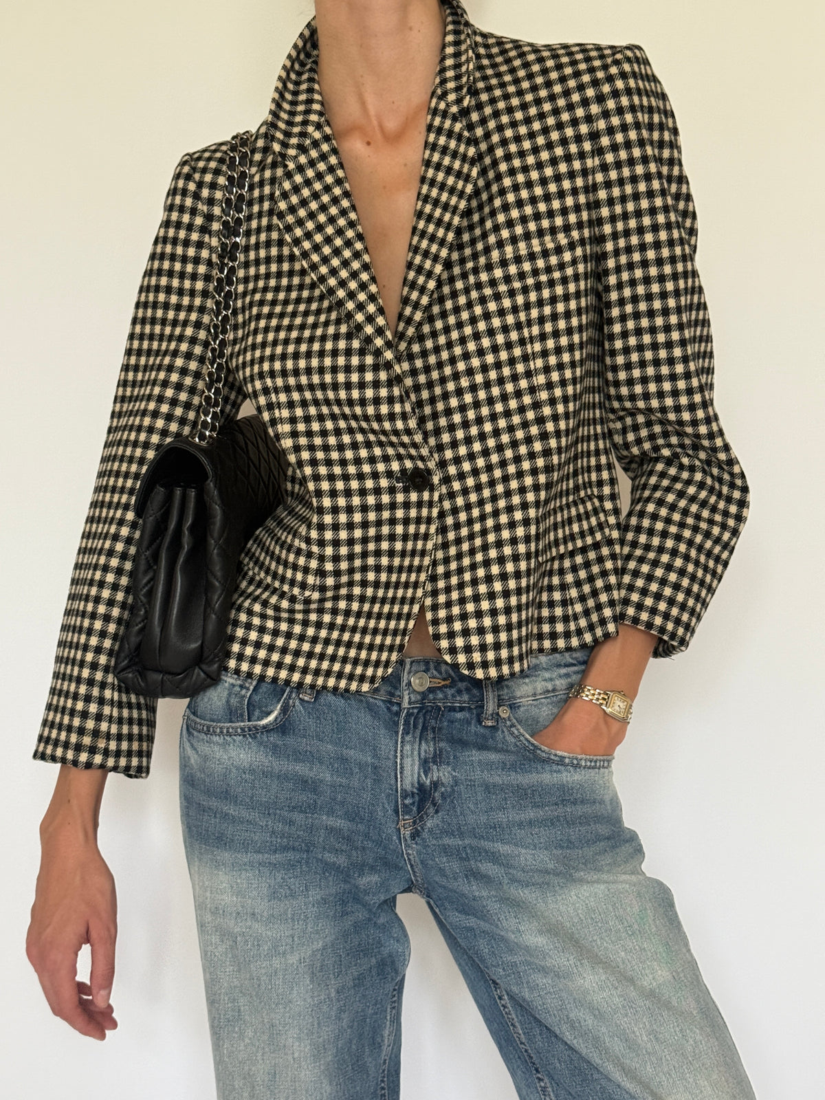 Vintage Checkered Structured Blazer Black Ivory 7528
