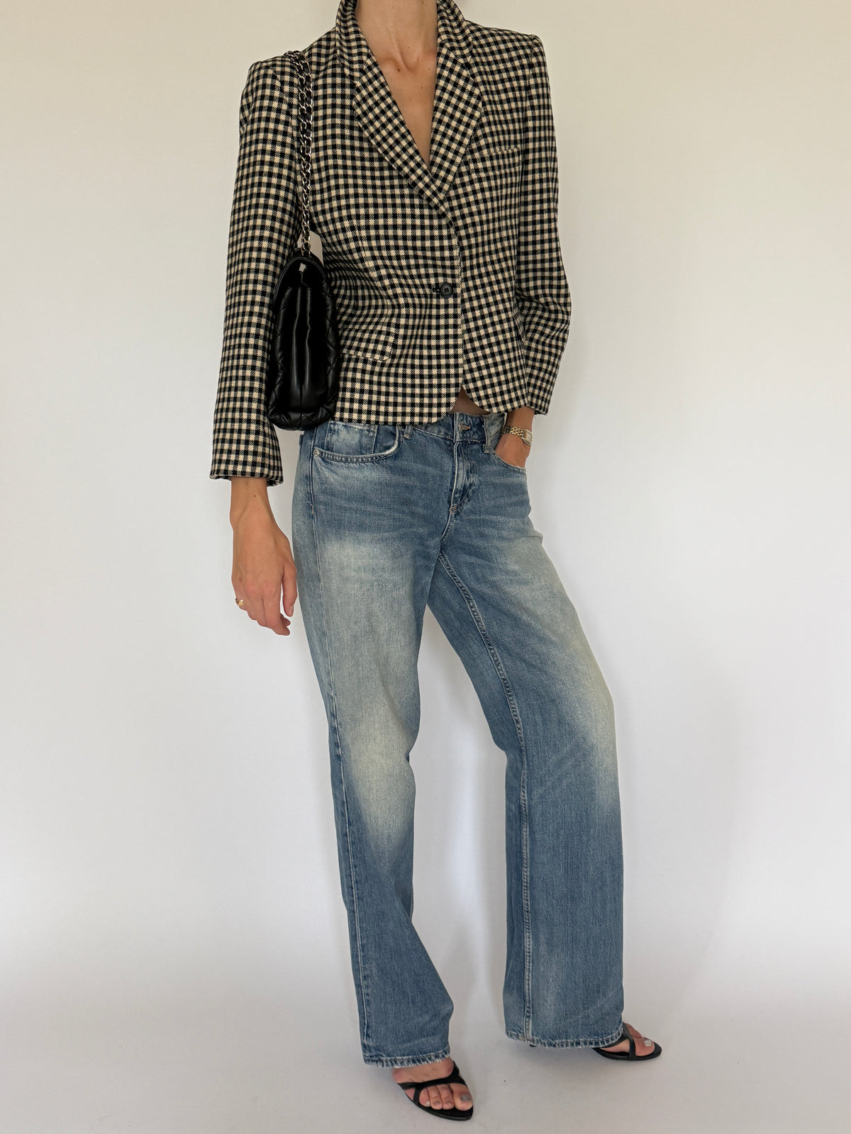 Vintage Checkered Structured Blazer Black Ivory 7528