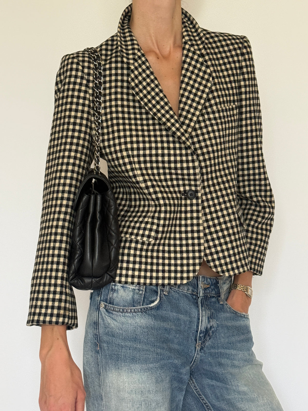Vintage Checkered Structured Blazer Black Ivory 7528