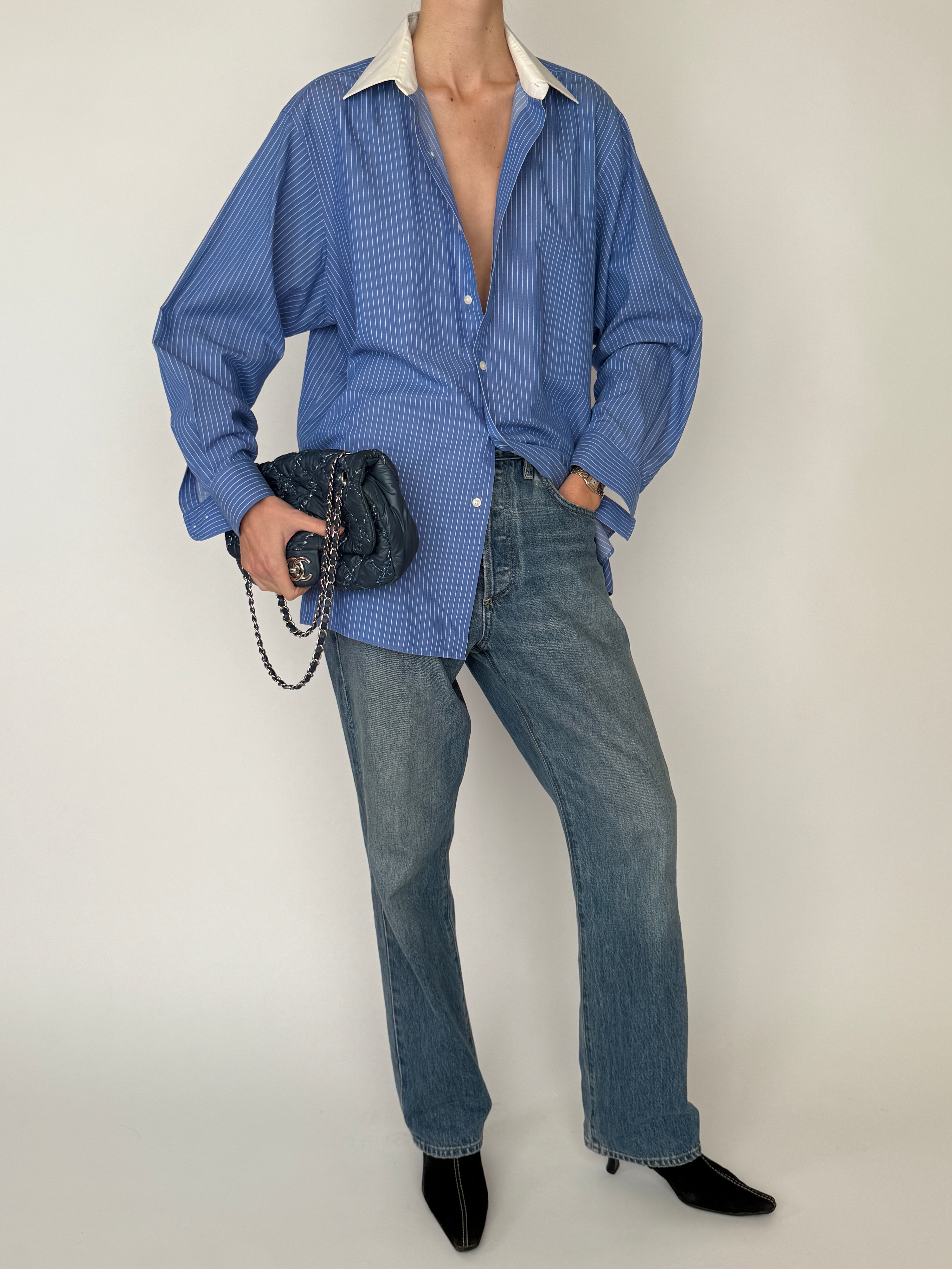 Vintage blue striped oversized button-up shirt front view