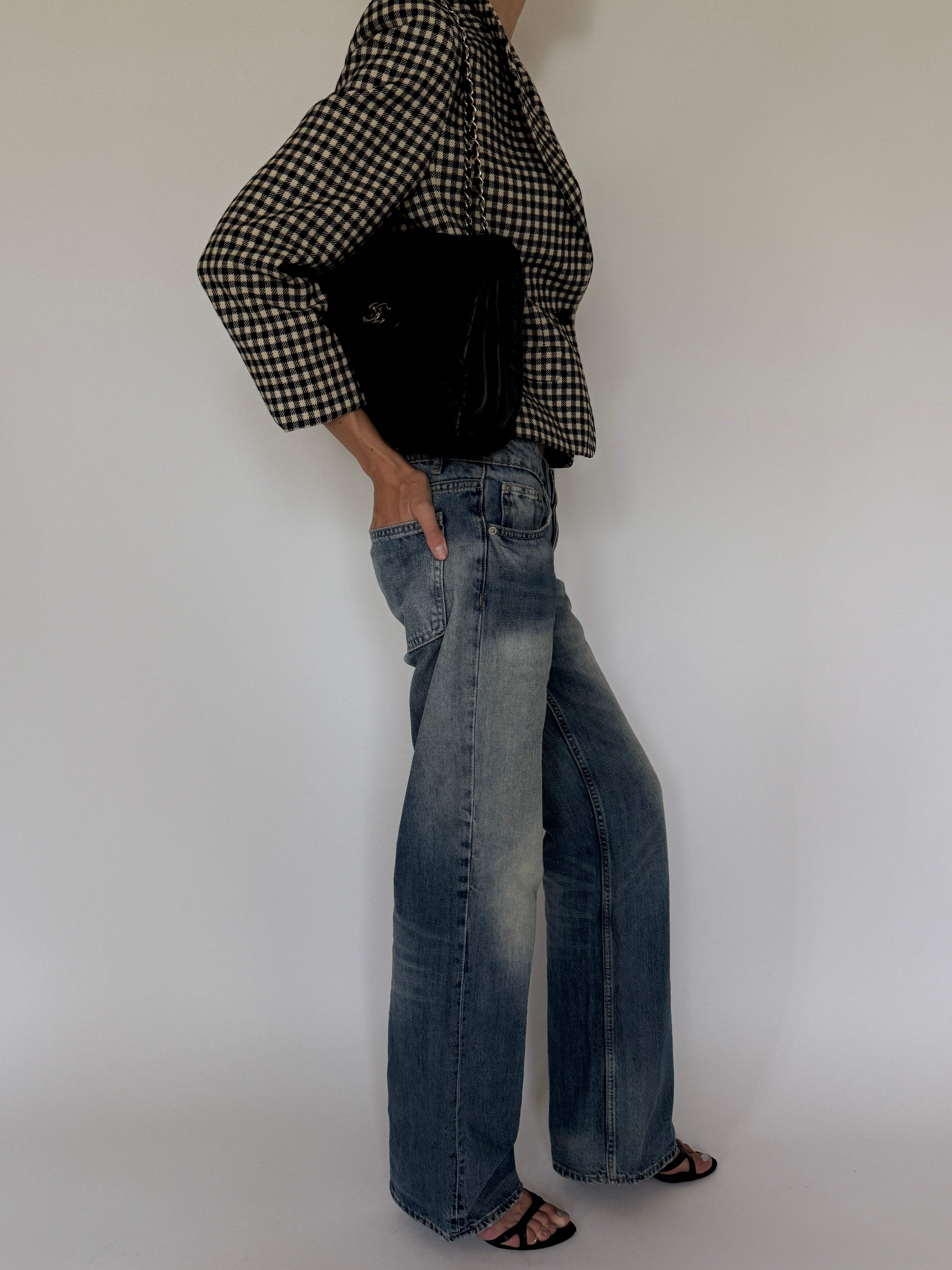 Vintage Checkered Structured Blazer Black Ivory 7528