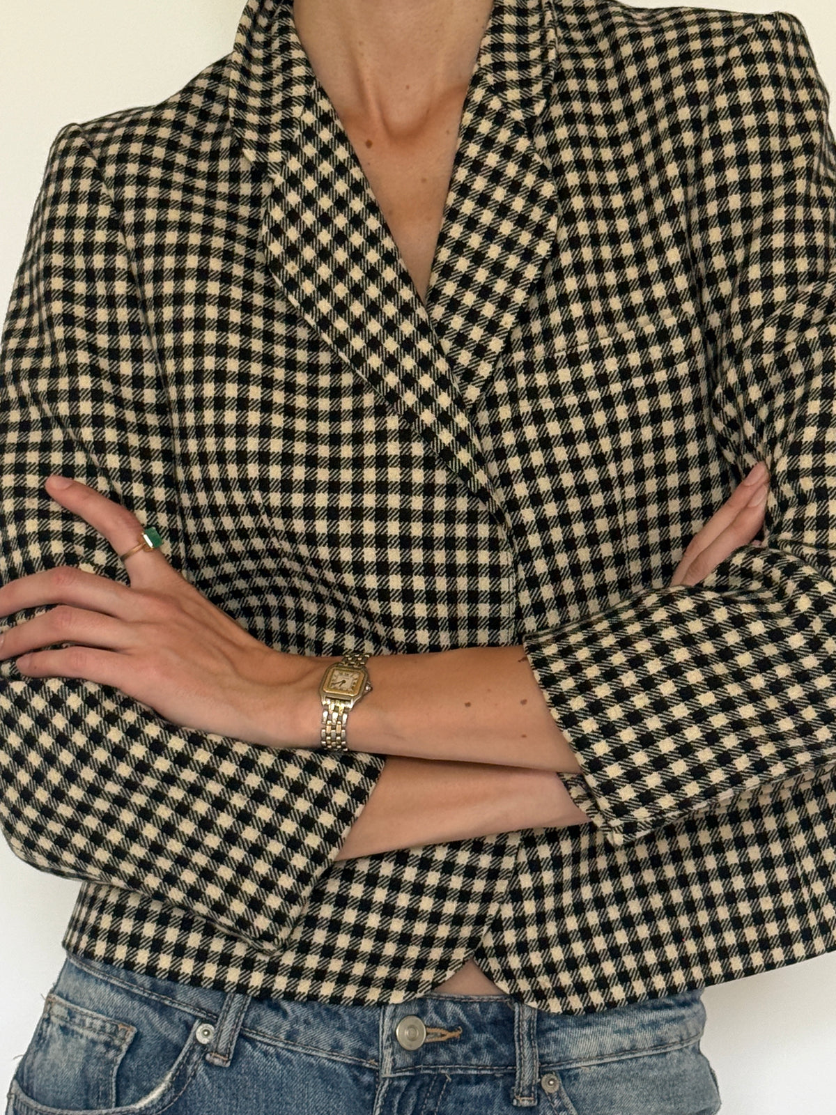 Vintage Checkered Structured Blazer Black Ivory 7528