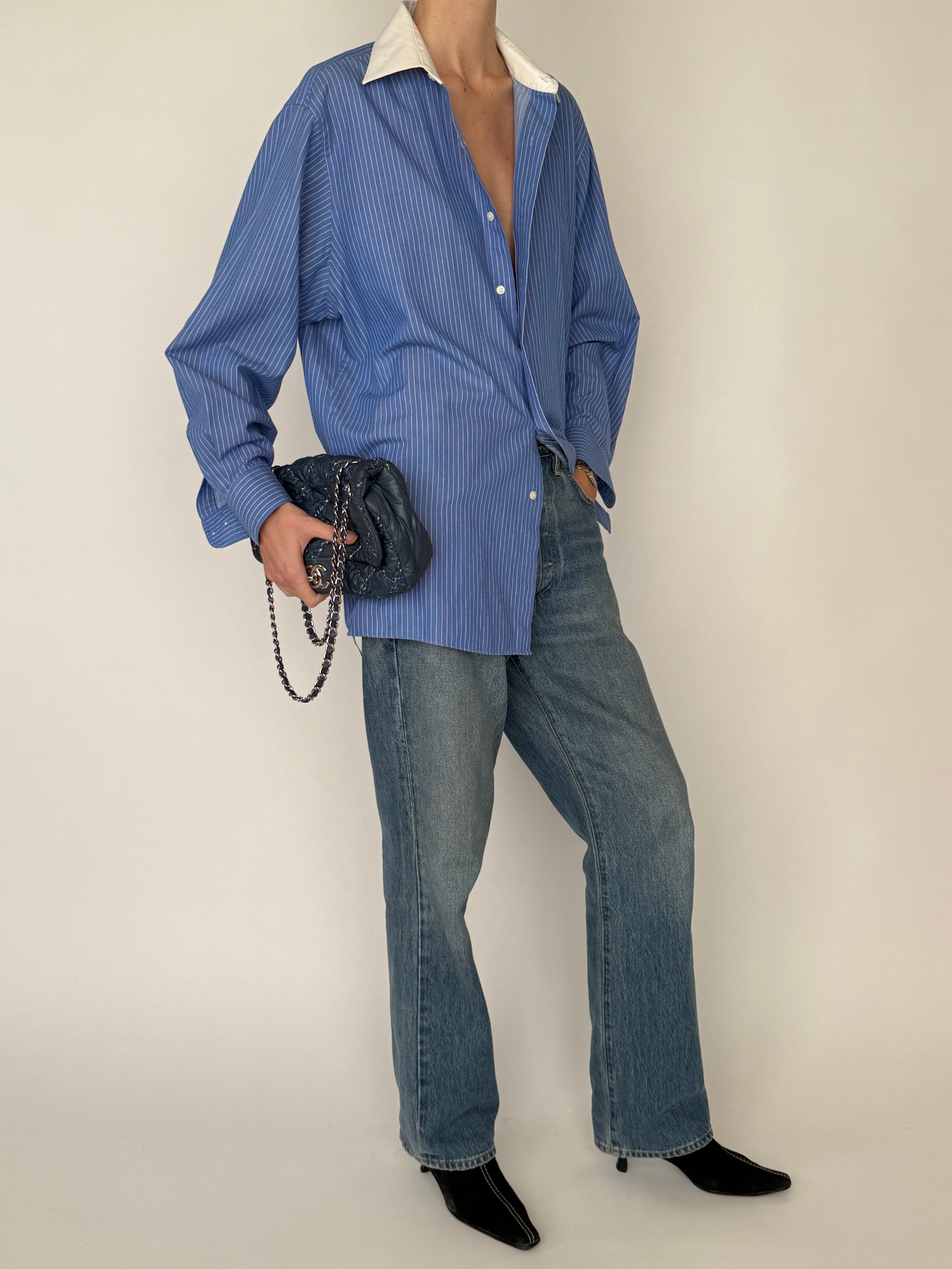 Vintage blue striped oversized button-up shirt side view