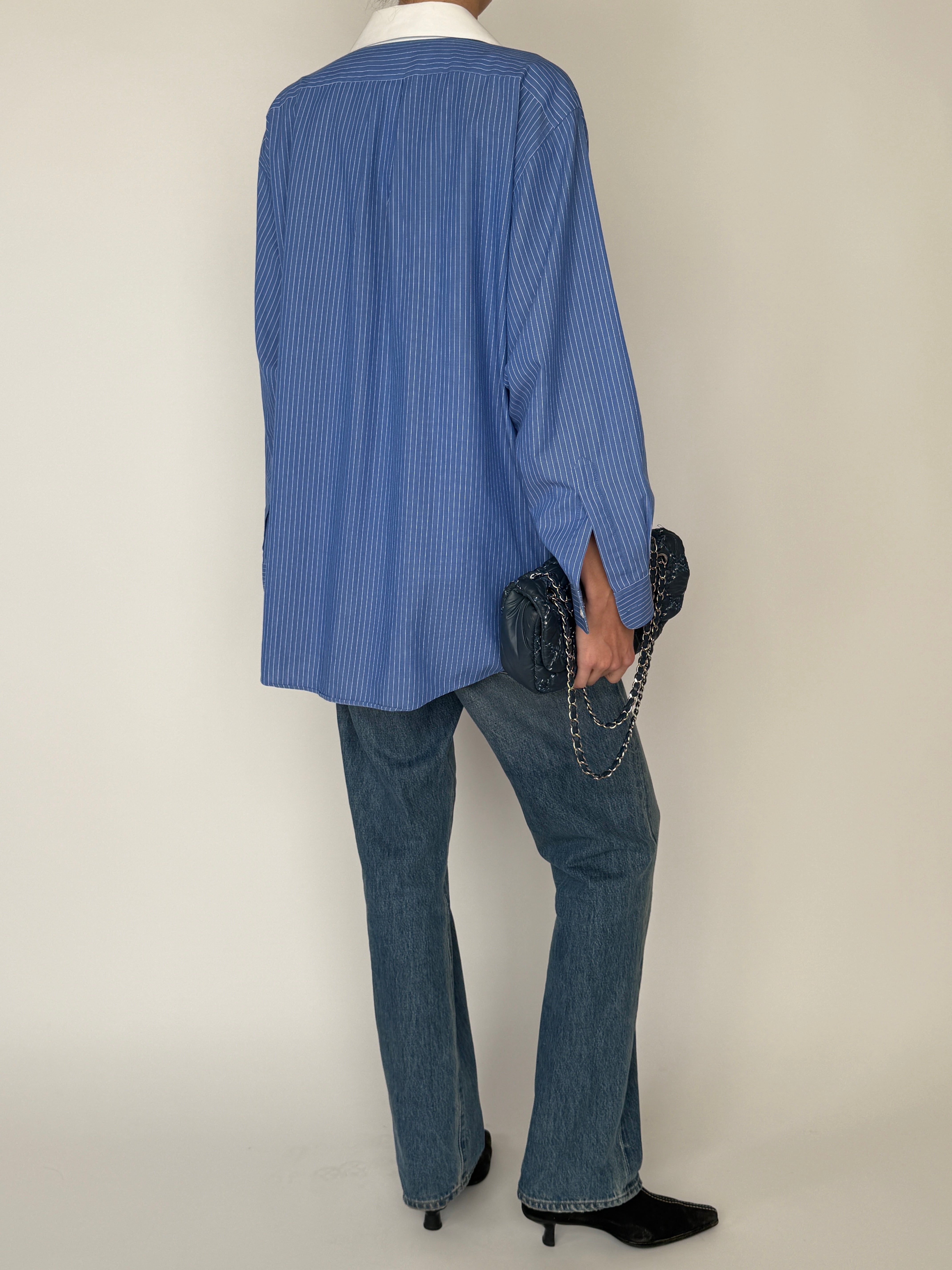 Vintage blue striped oversized button-up shirt back view