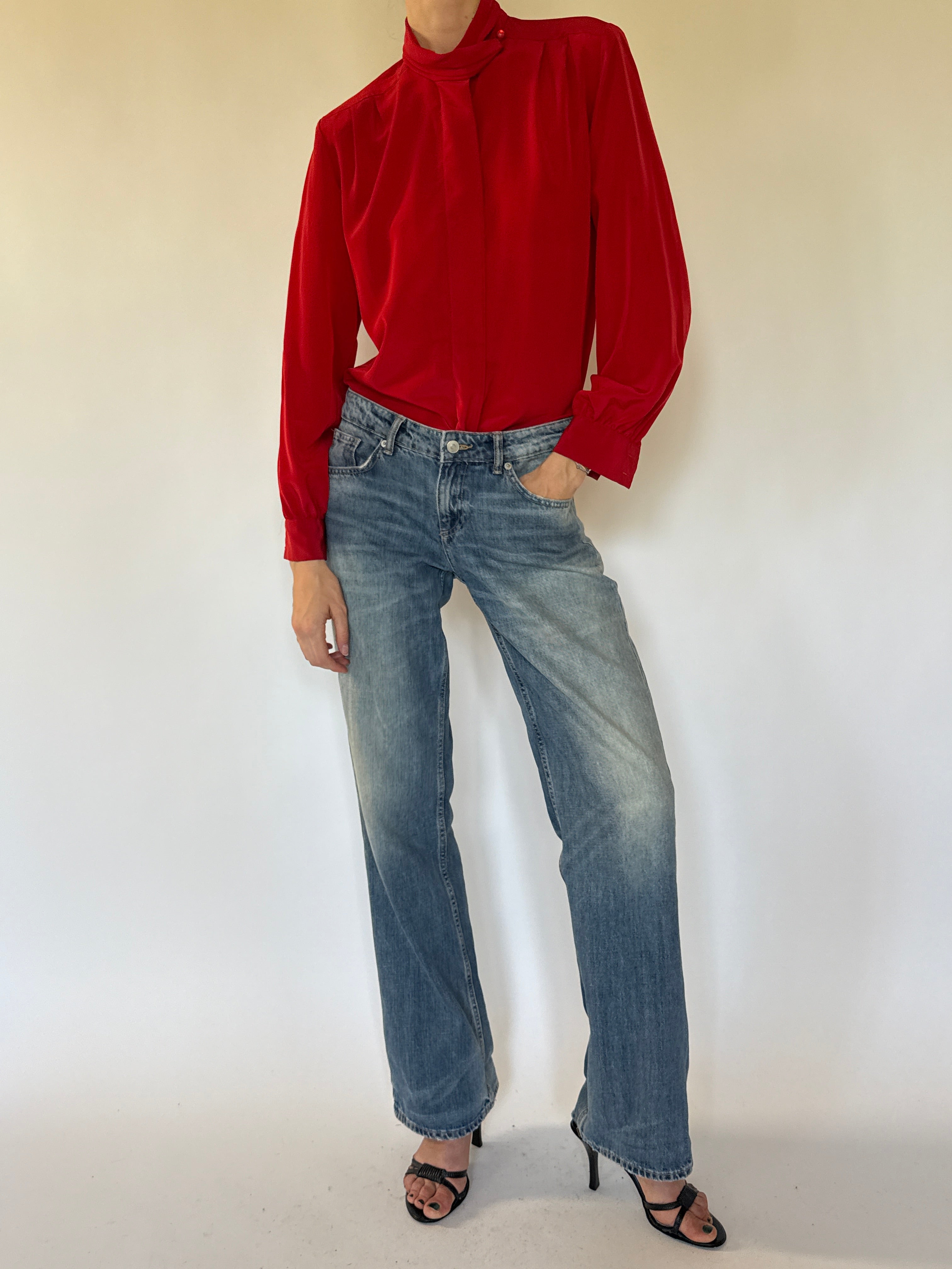 Vintage red high neck blouse angled view