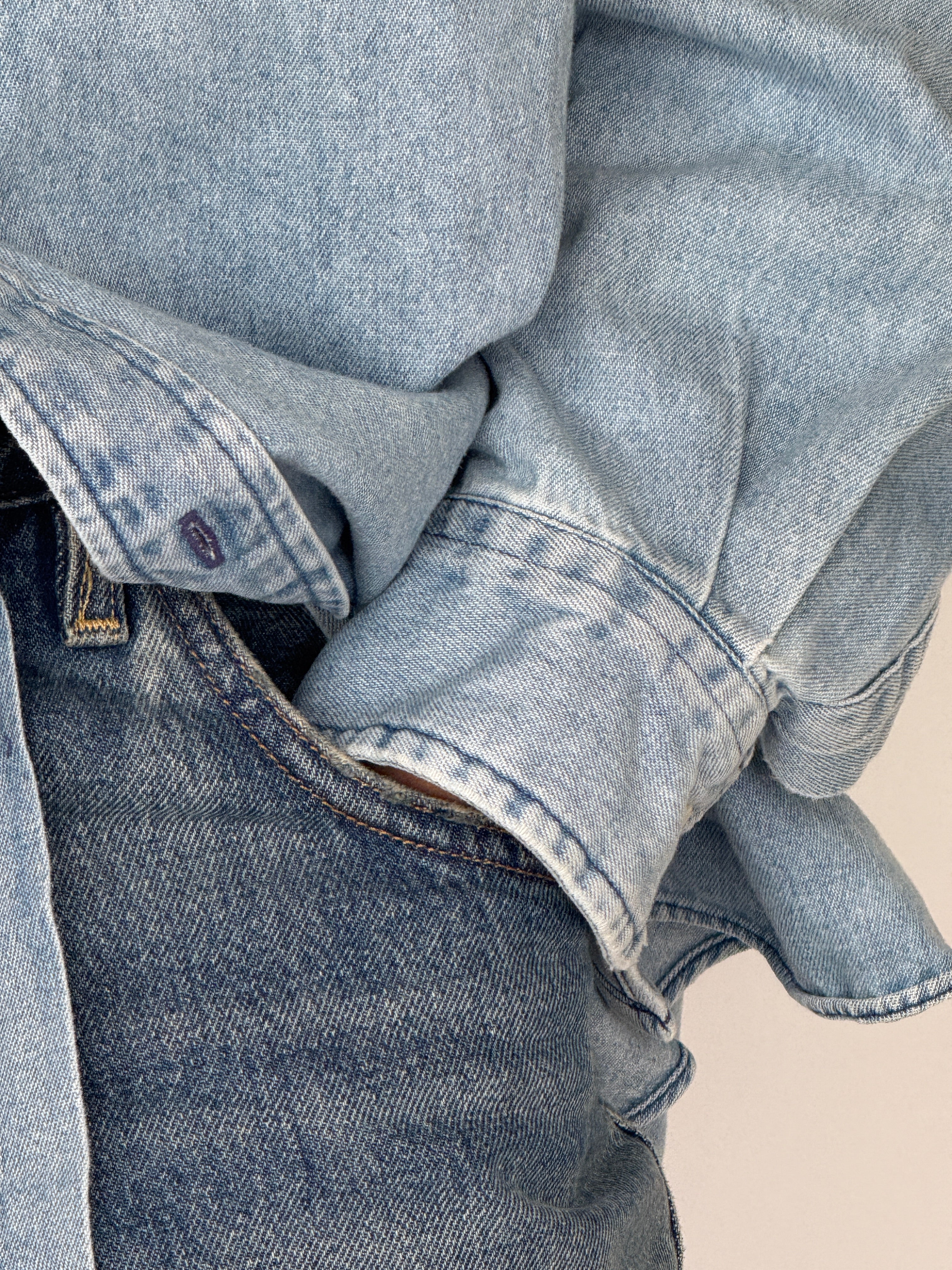 Vintage Polo Ralph Lauren blue denim shirt fabric close-up