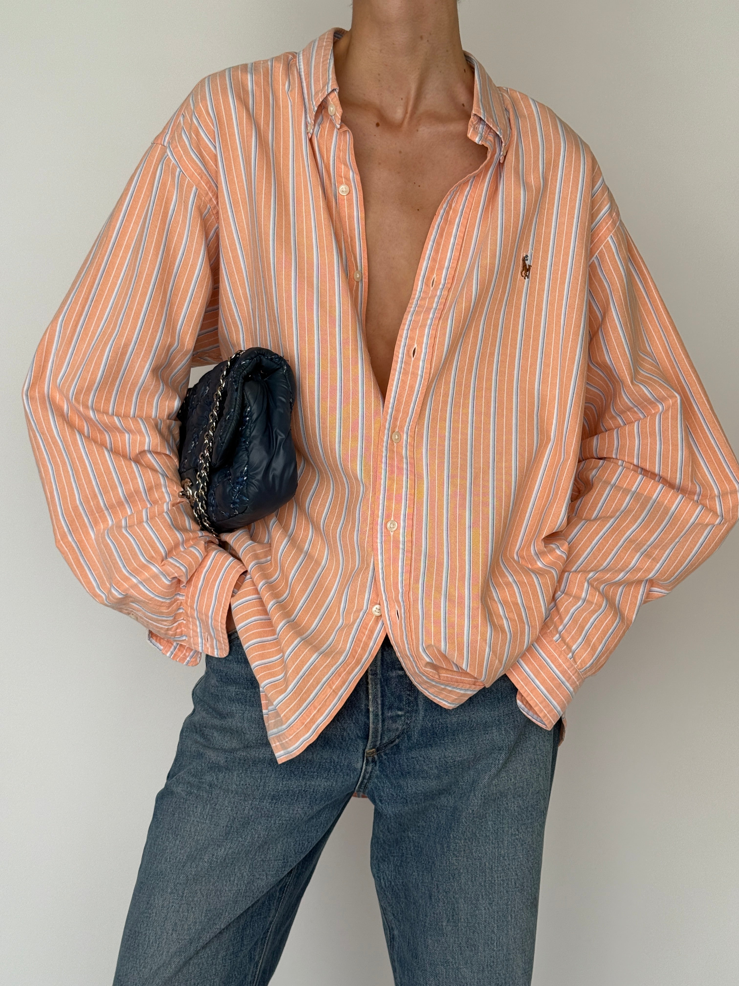 Vintage Ralph Lauren peach striped button-up shirt cuff detail