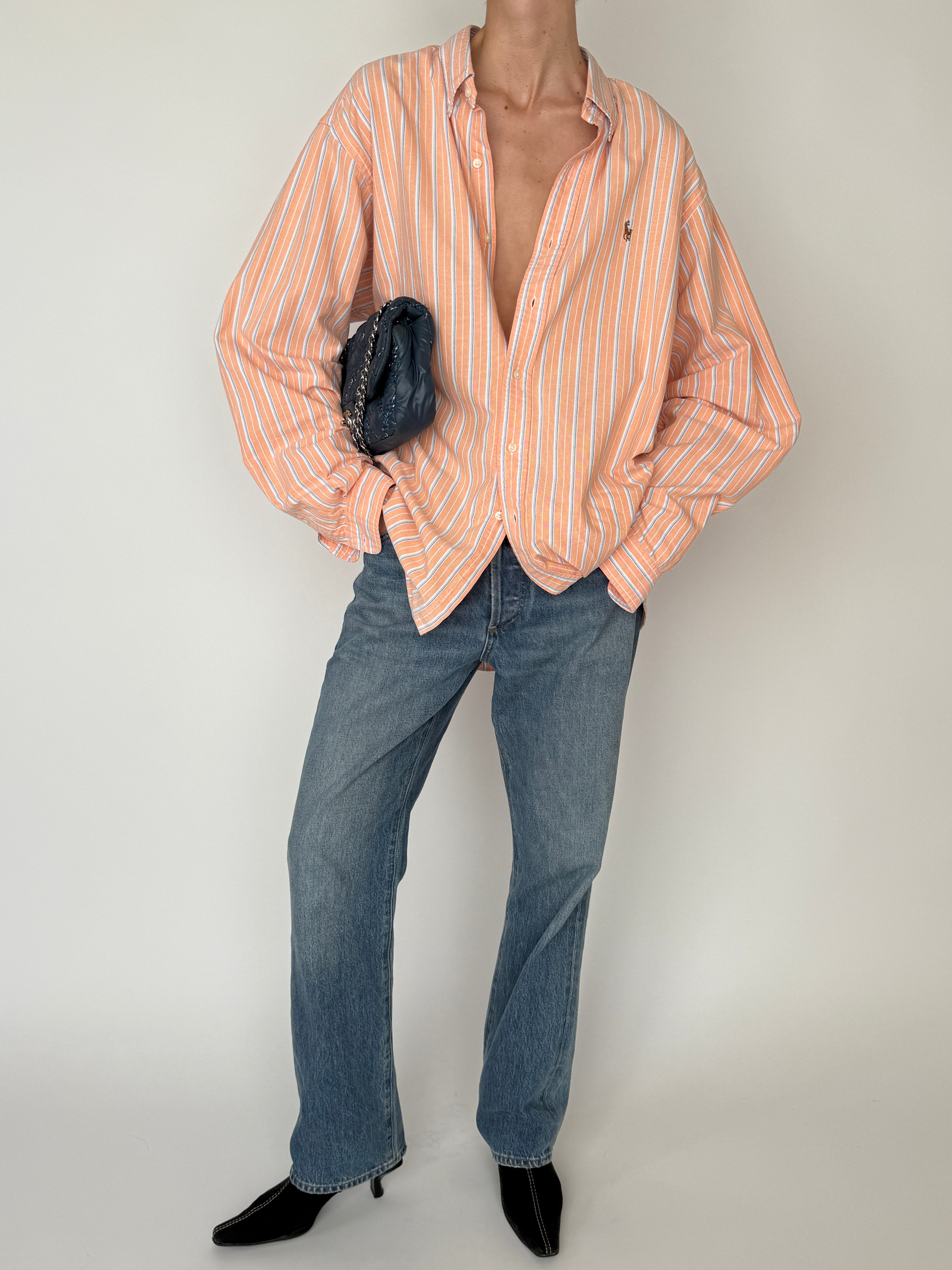 Vintage Ralph Lauren peach striped button-up shirt relaxed silhouette view