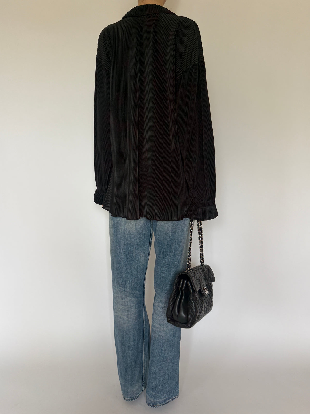 Vintage Oversized Pleated Button Up Blouse Black 7238