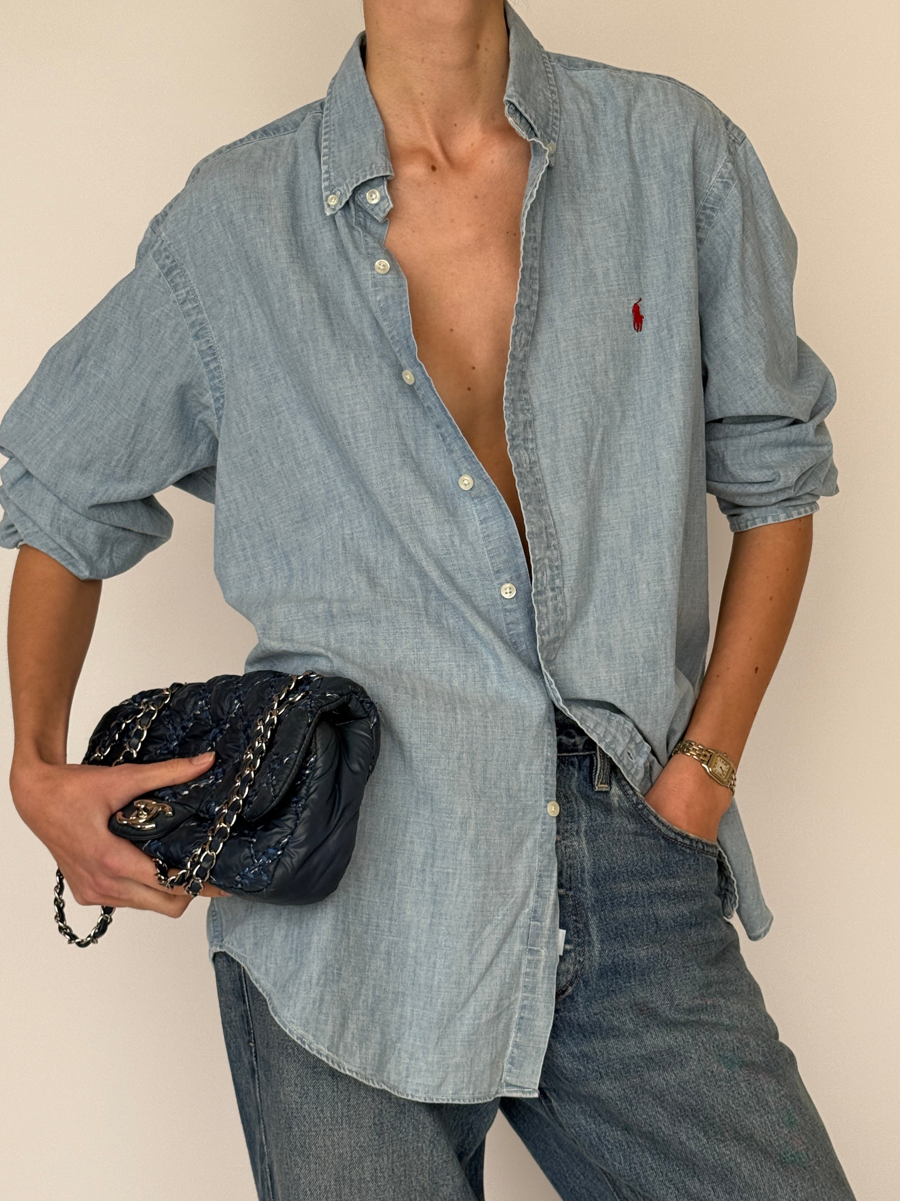 Vintage Ralph Lauren light blue button-down shirt front with collar and buttons