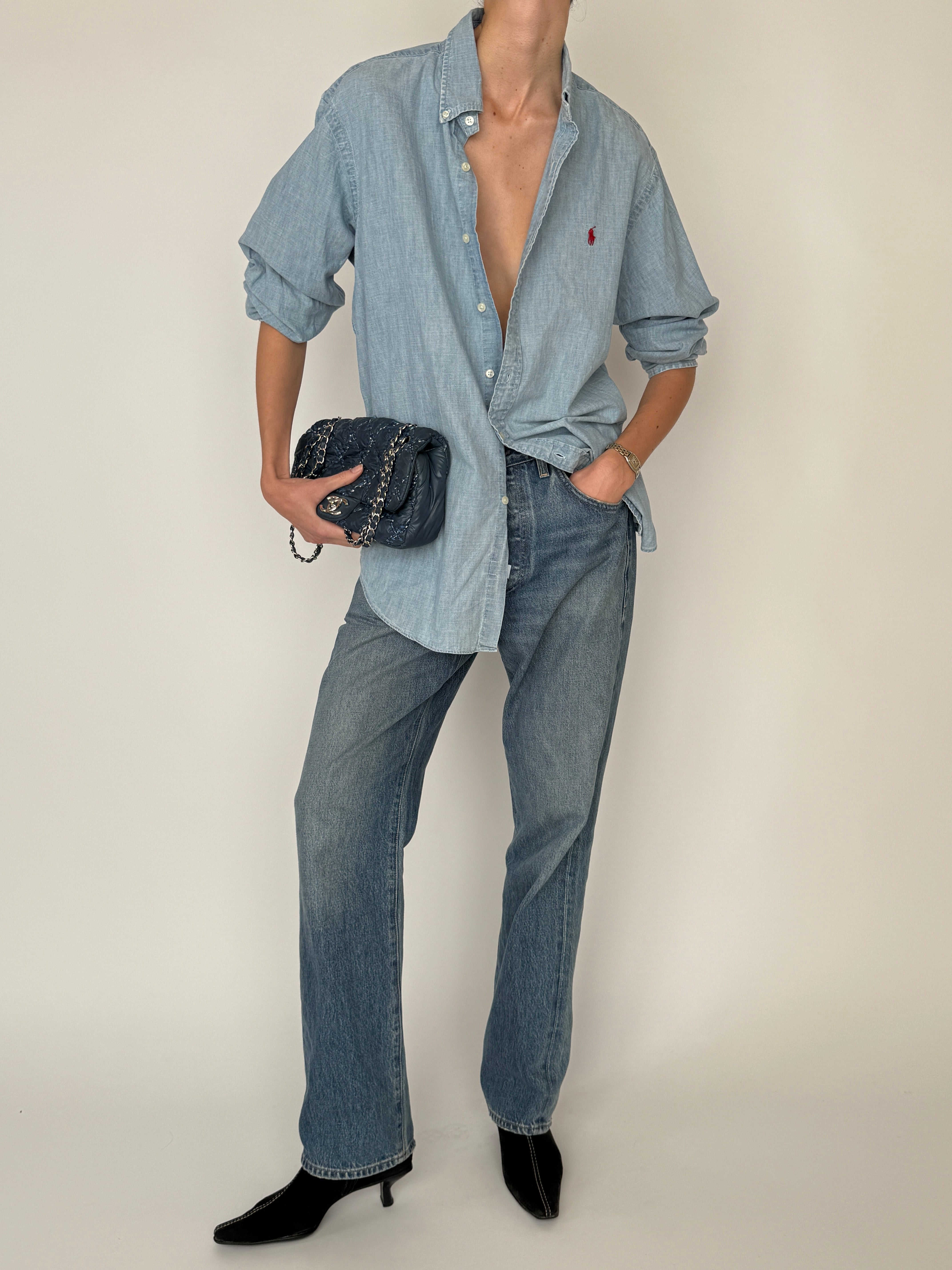 Vintage Ralph Lauren light blue chambray button-down shirt with red logo