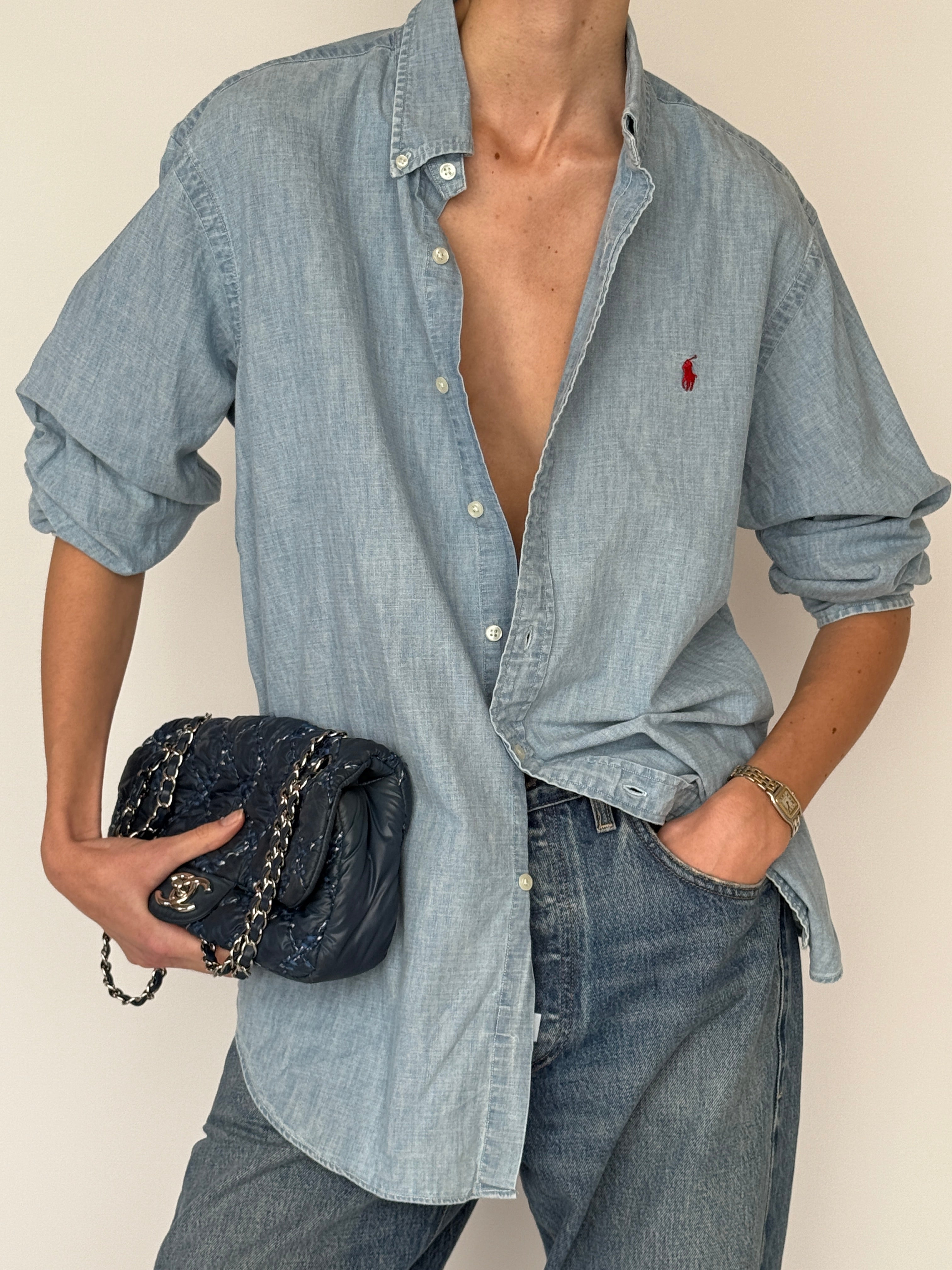Vintage Ralph Lauren light blue chambray button-down shirt with red logo