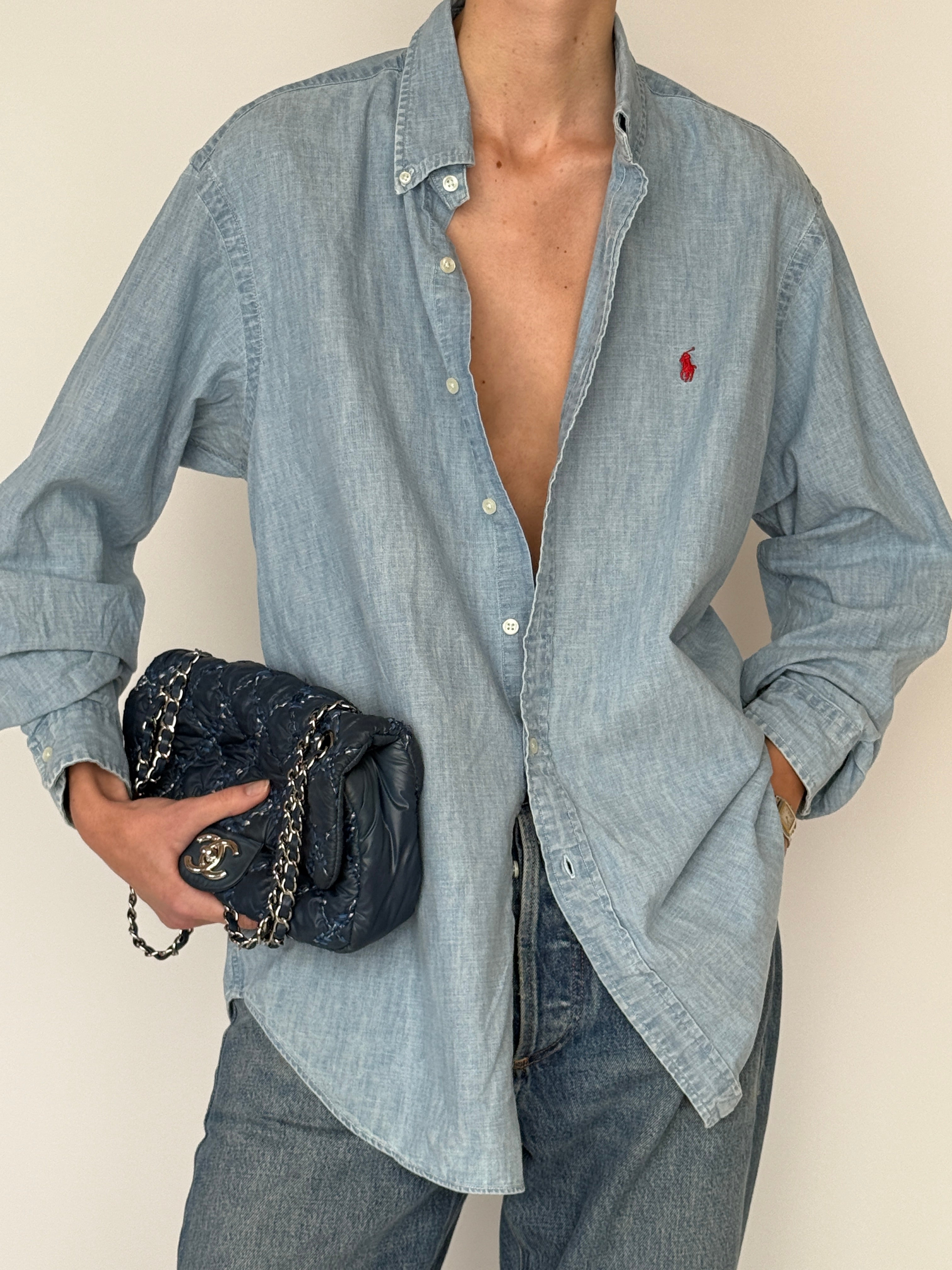 Vintage Ralph Lauren long sleeve button-down shirt in light blue chambray