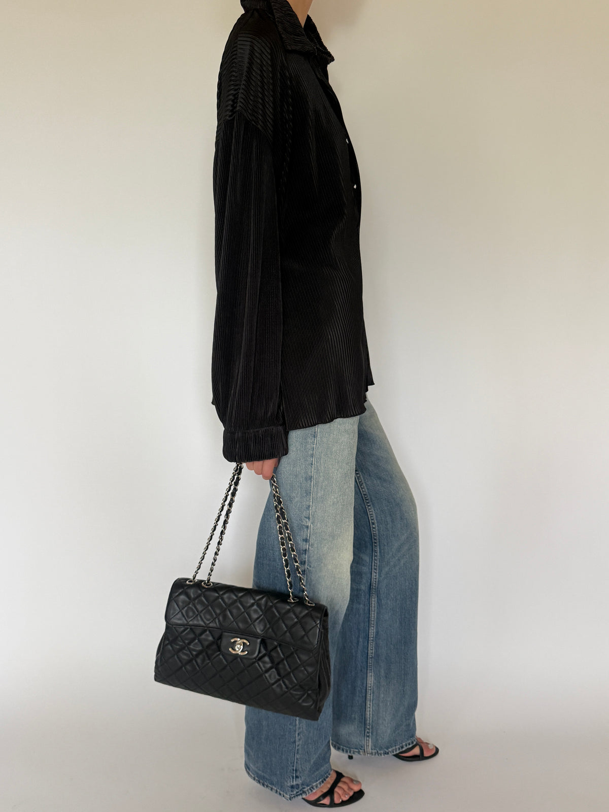 Vintage Oversized Pleated Button Up Blouse Black 7238