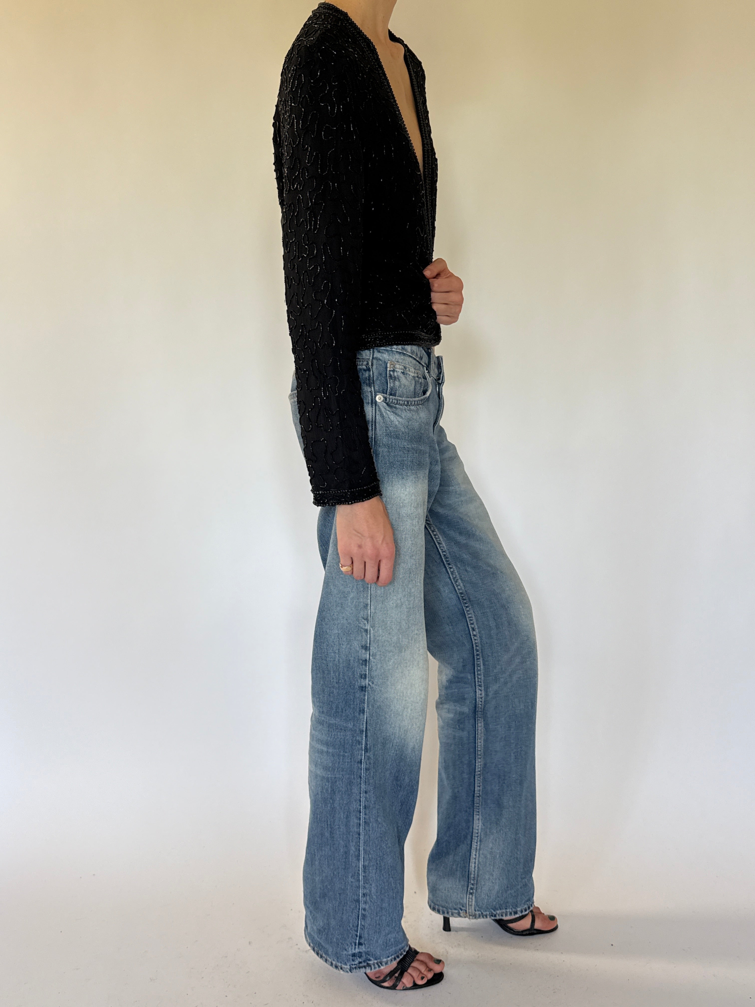 Vintage black beaded evening cardigan side view