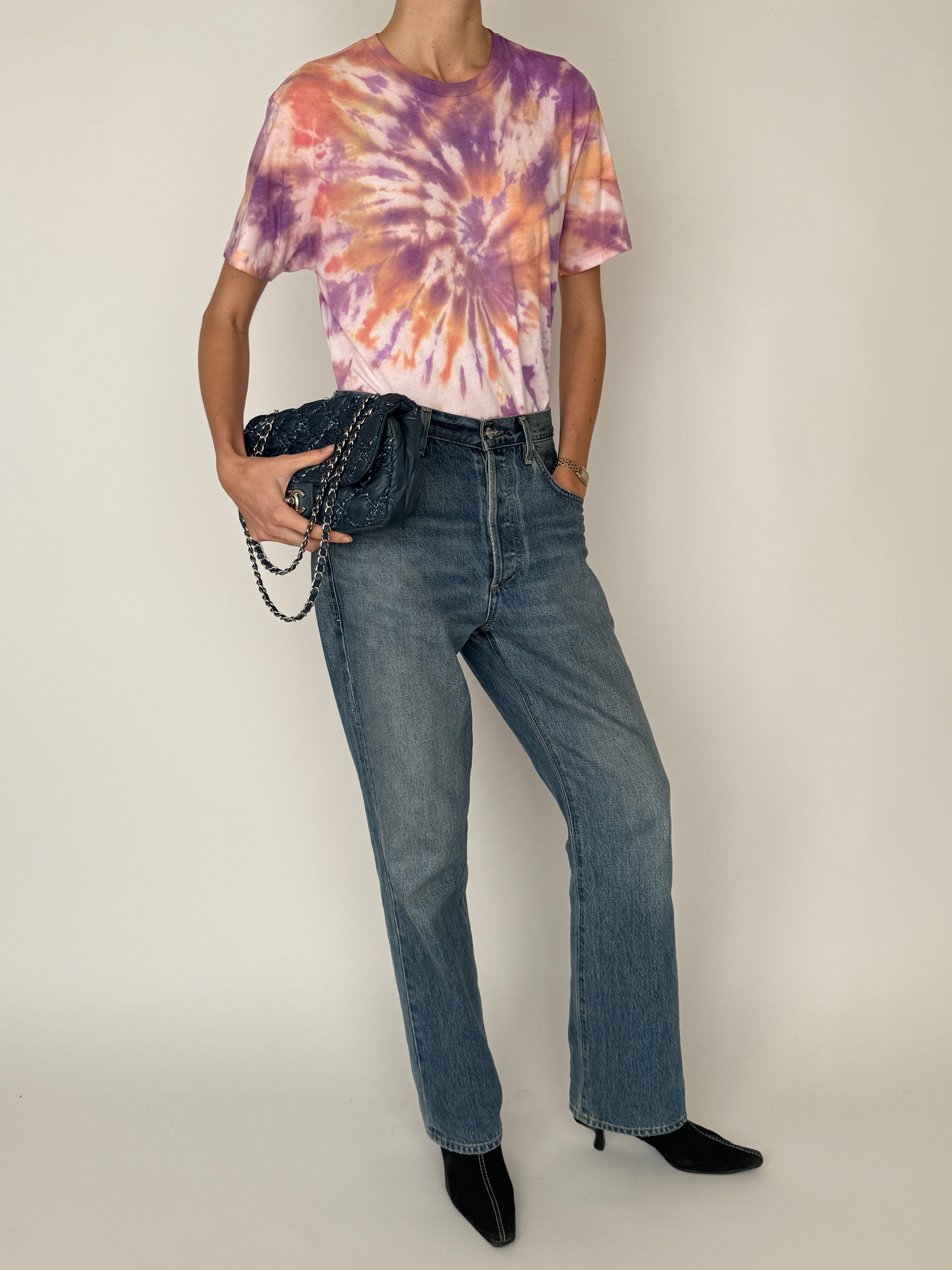 Vintage tie-dye short sleeve cotton tee in purple peach and cream