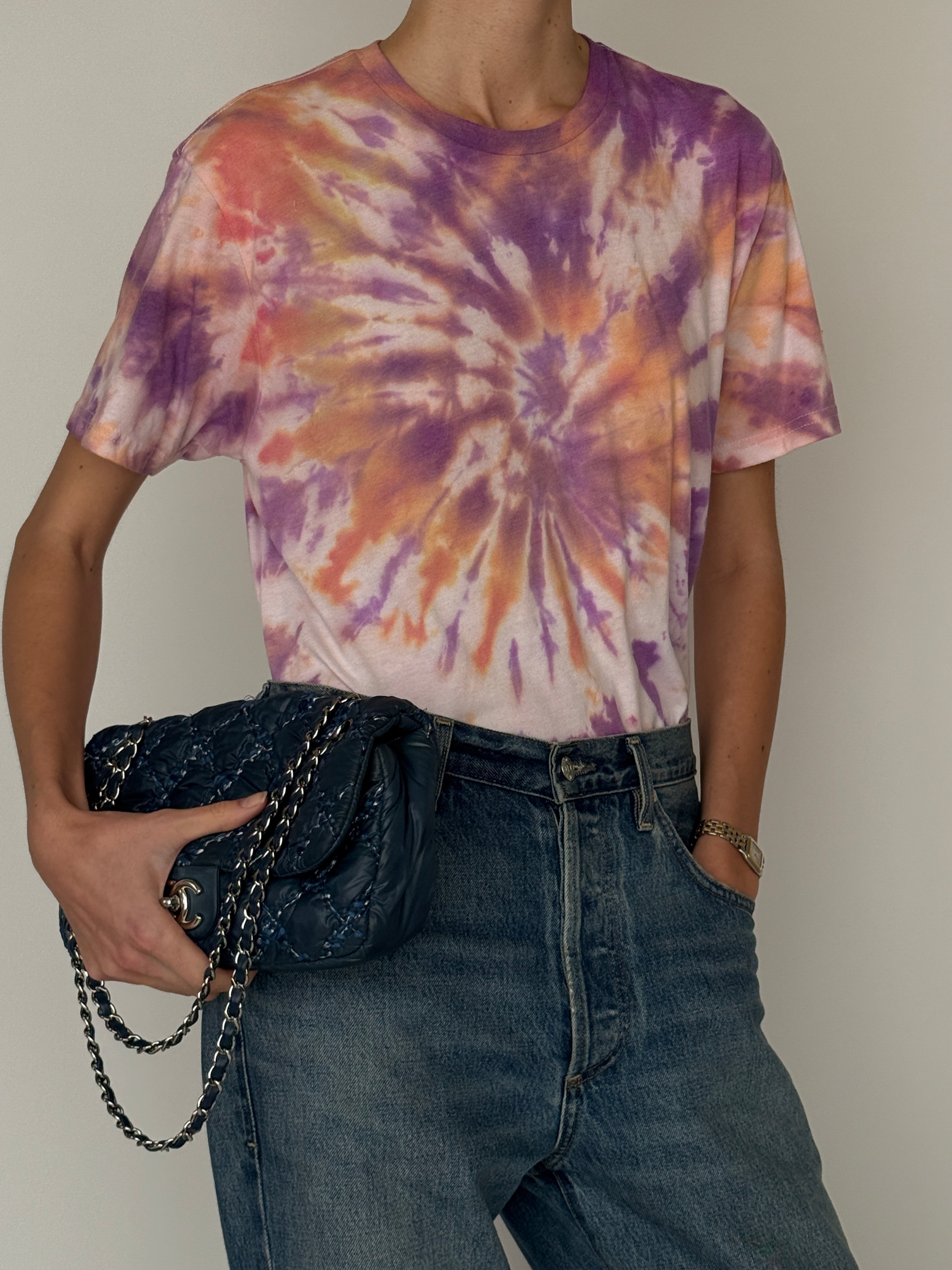 Vintage hand-dyed cotton tee with soft spiral tie-dye design