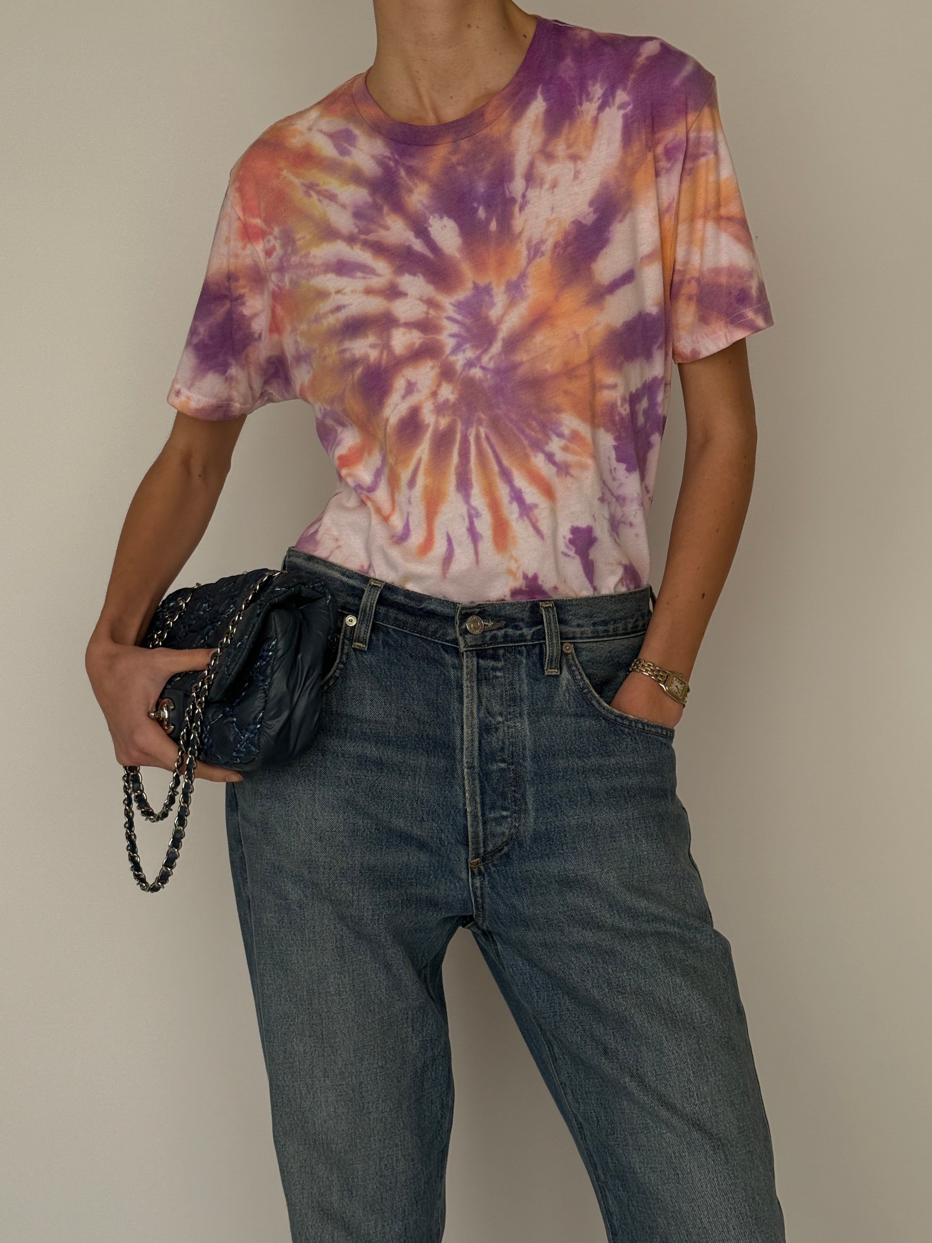 Vintage spiral tie-dye cotton t-shirt with purple and orange tones