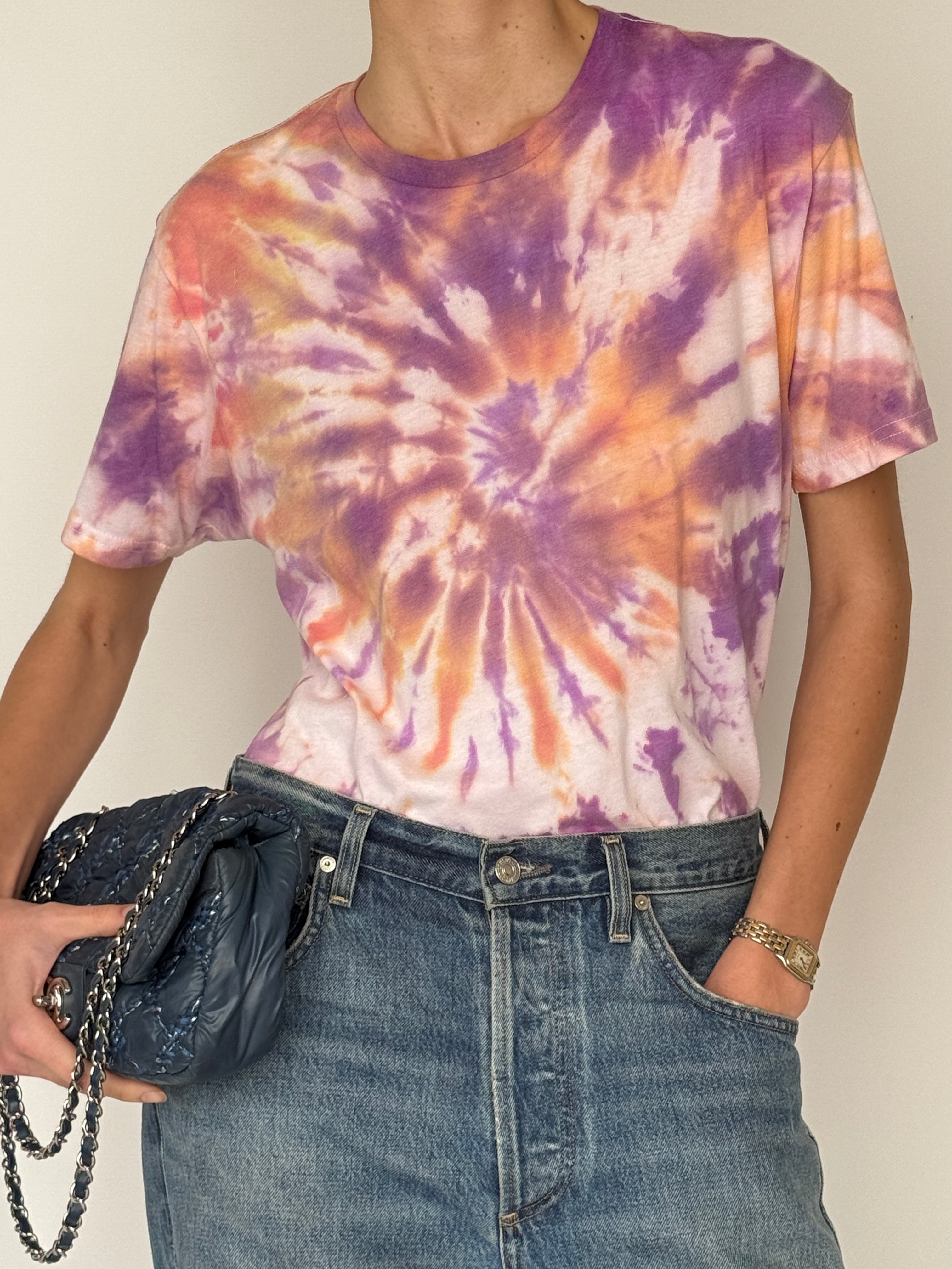 Vintage crewneck tie-dye tee featuring purple peach and white pattern