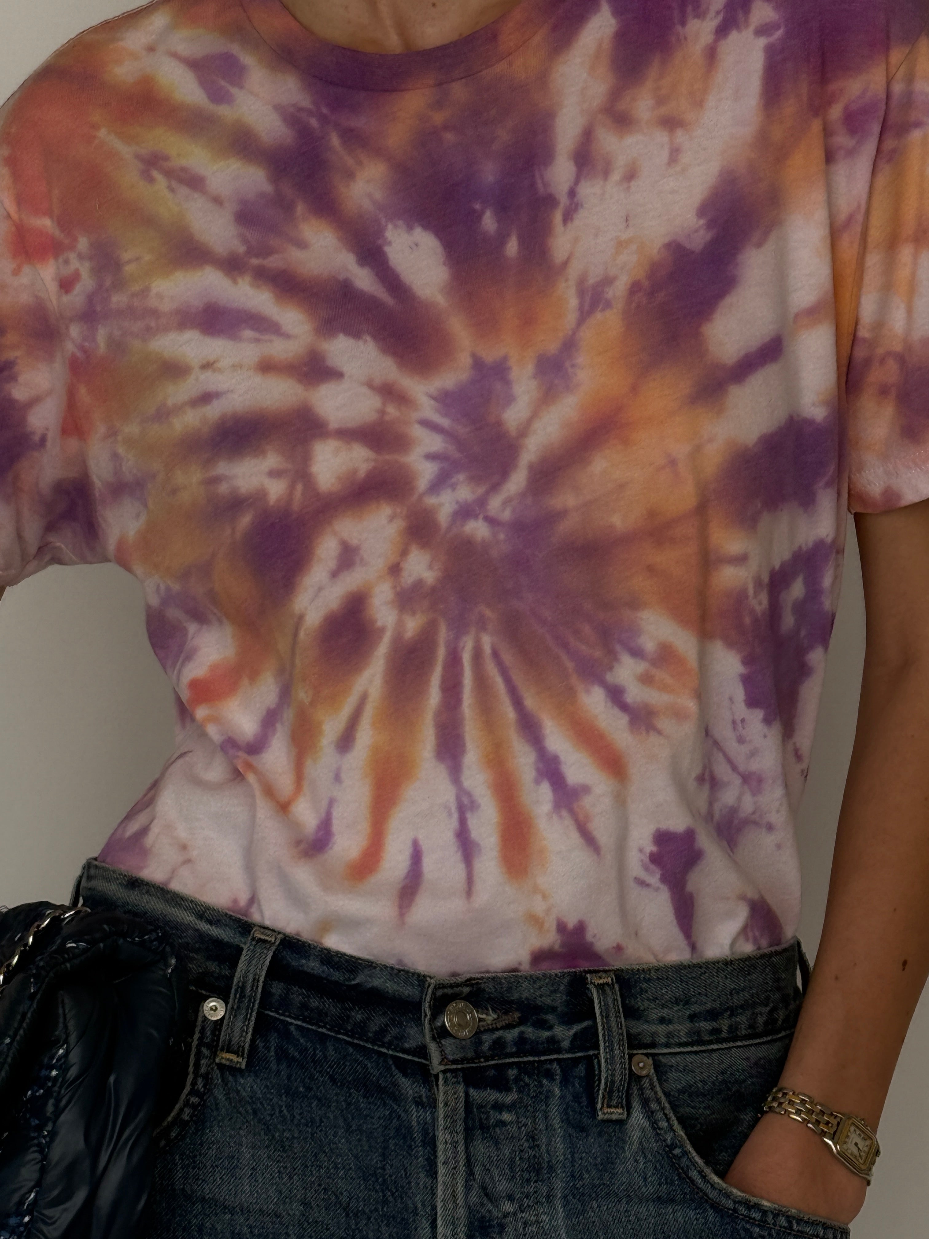 Vintage spiral tie-dye cotton t-shirt with purple and orange tones