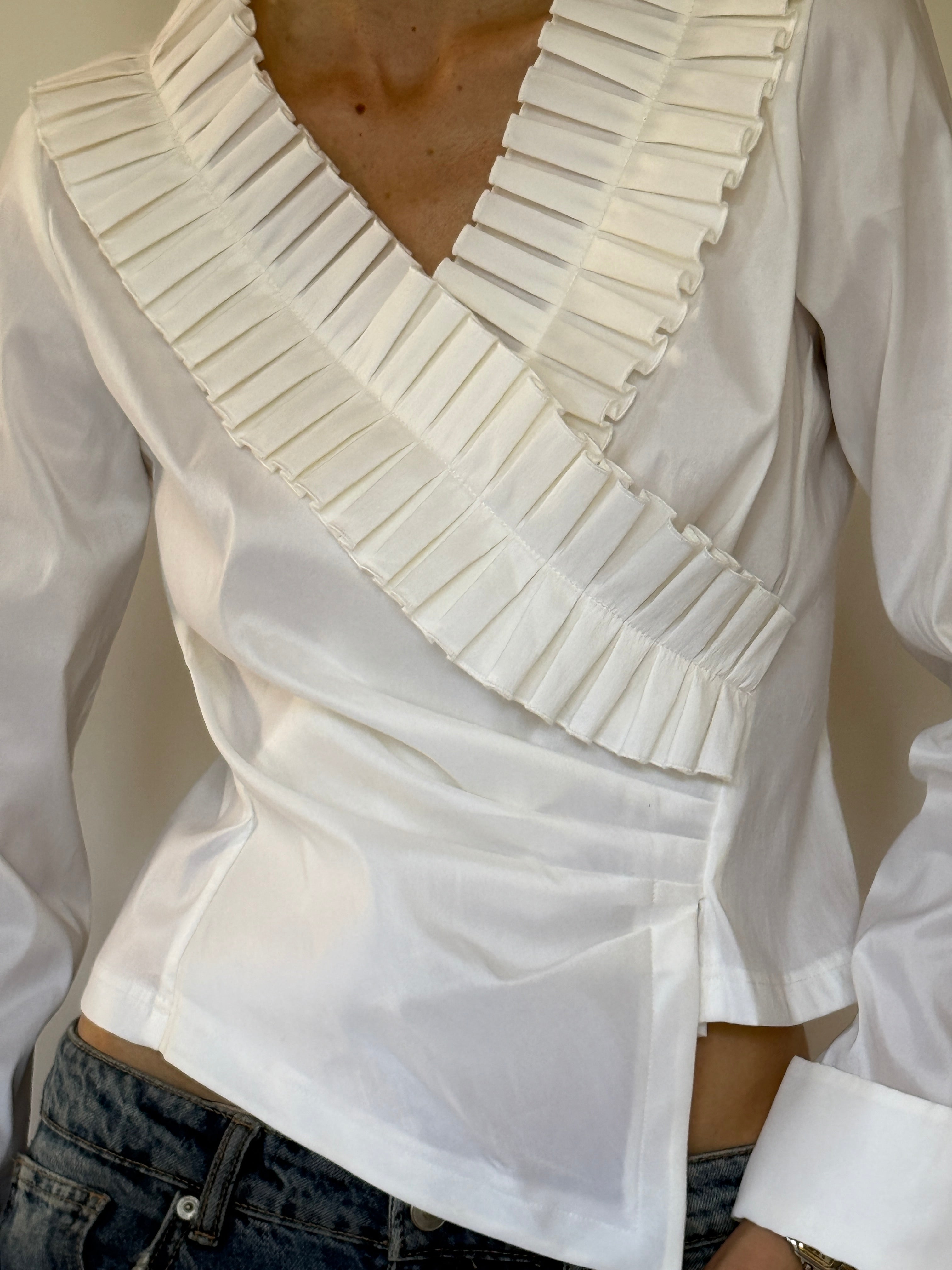 Vintage white pleated ruffle wrap blouse front view