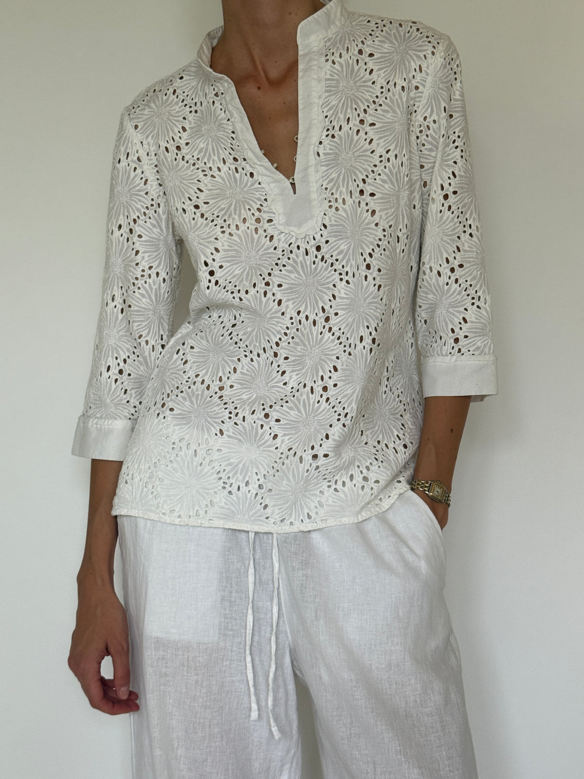 Vintage Floral Eyelet Cotton Blouse White 7612