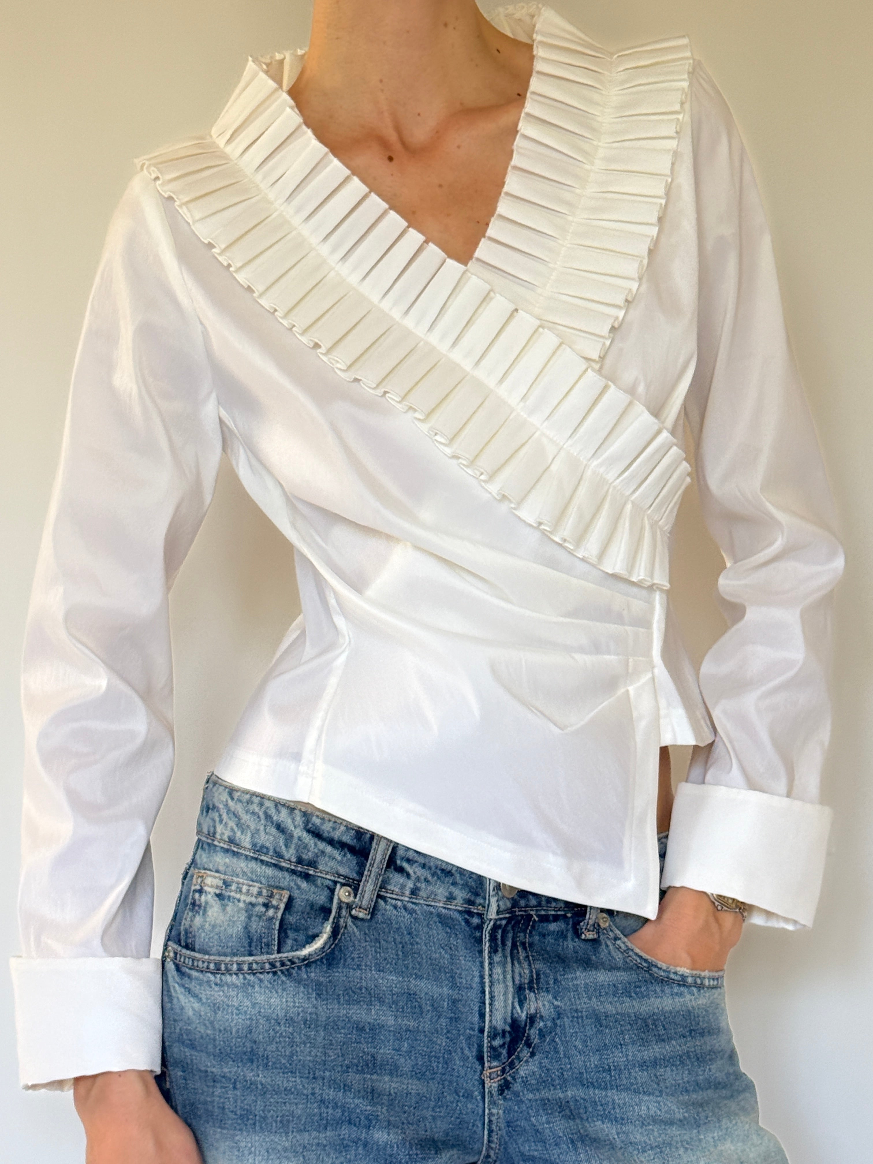 Vintage white pleated ruffle wrap blouse front view
