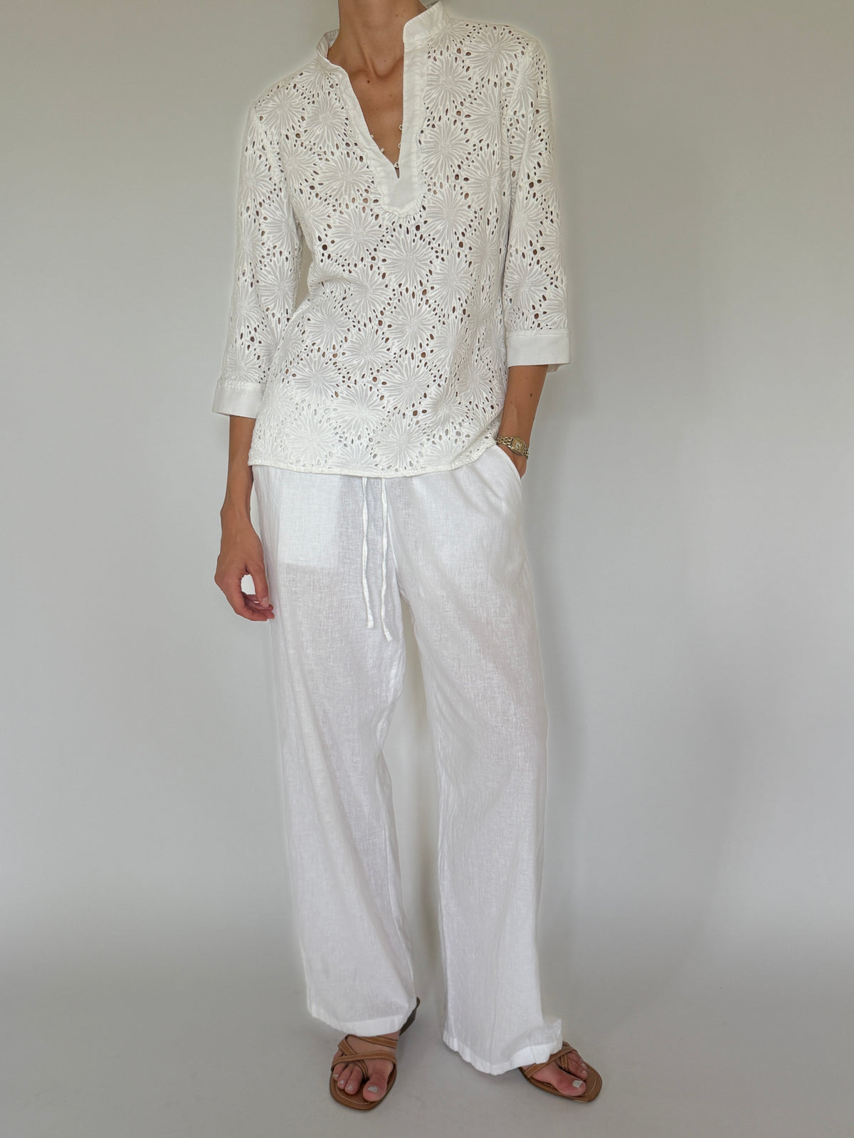 Vintage Floral Eyelet Cotton Blouse White 7612