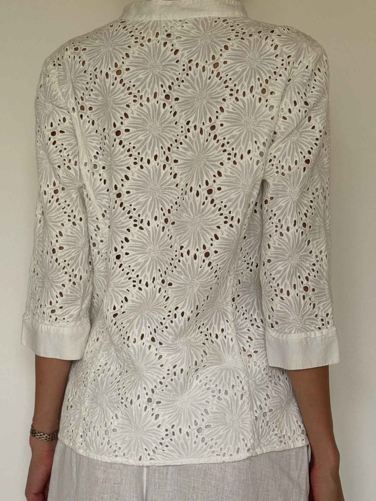 Vintage Floral Eyelet Cotton Blouse White 7612