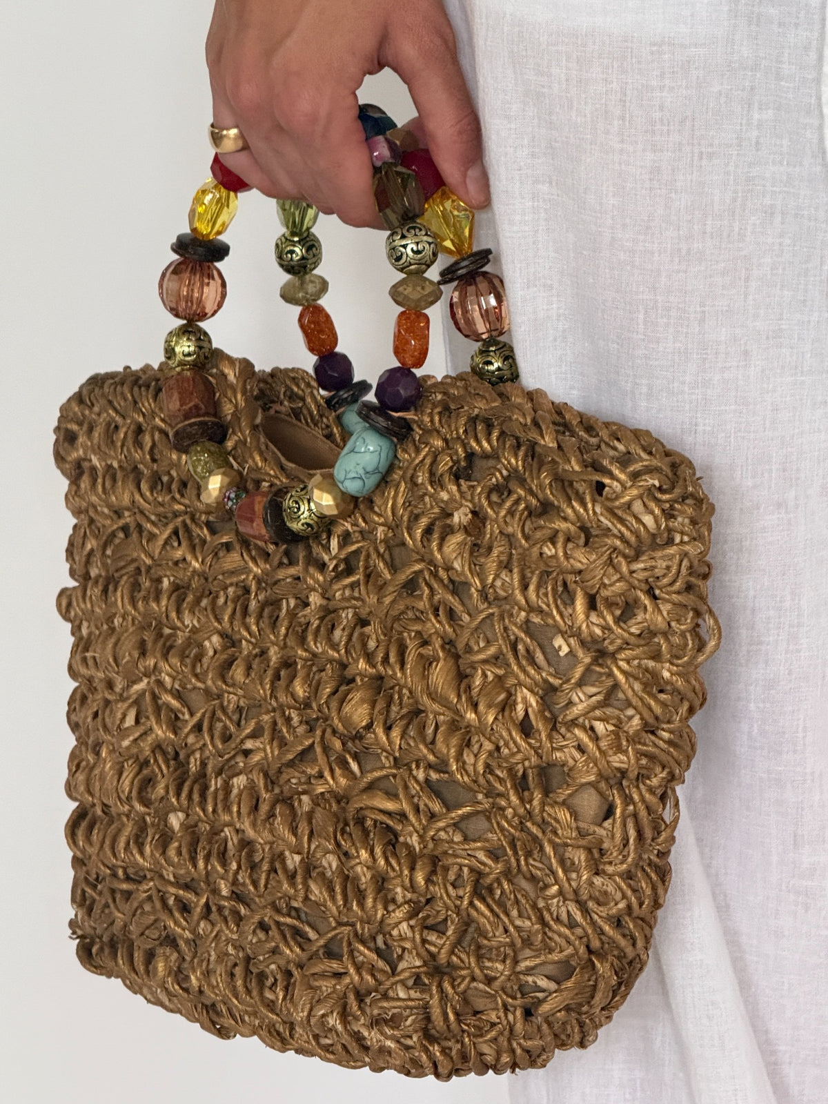 Vintage gold woven handbag with multicolored beaded handles