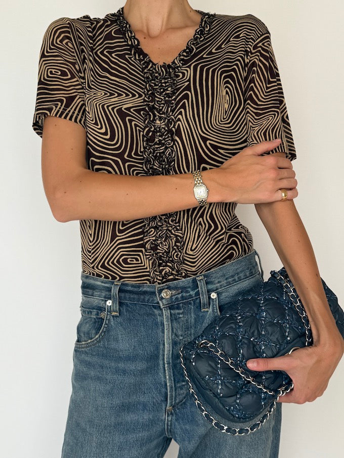 Vintage Brown Patterned Short-Sleeve Top 4078