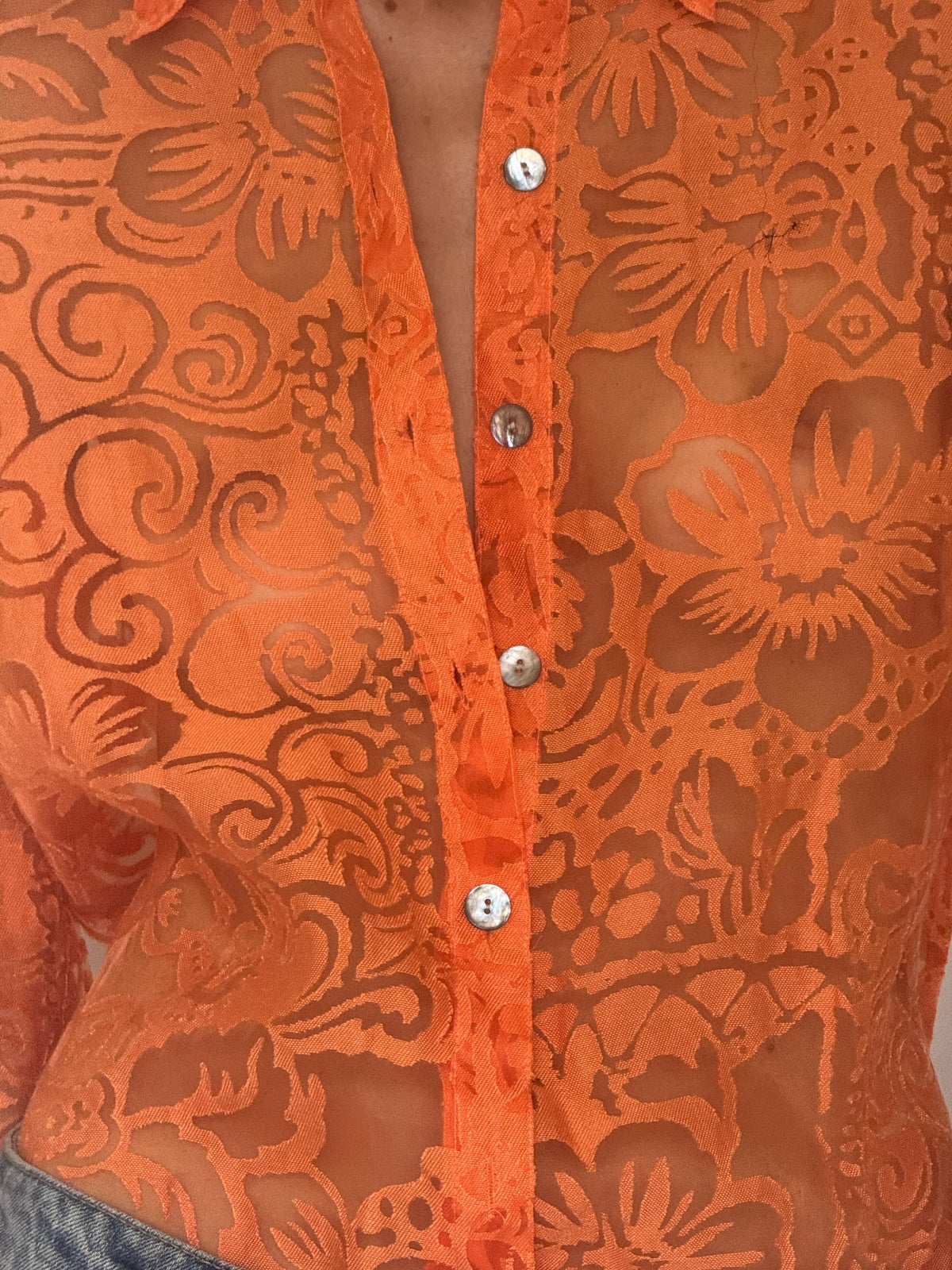 Vintage orange sheer floral burnout blouse