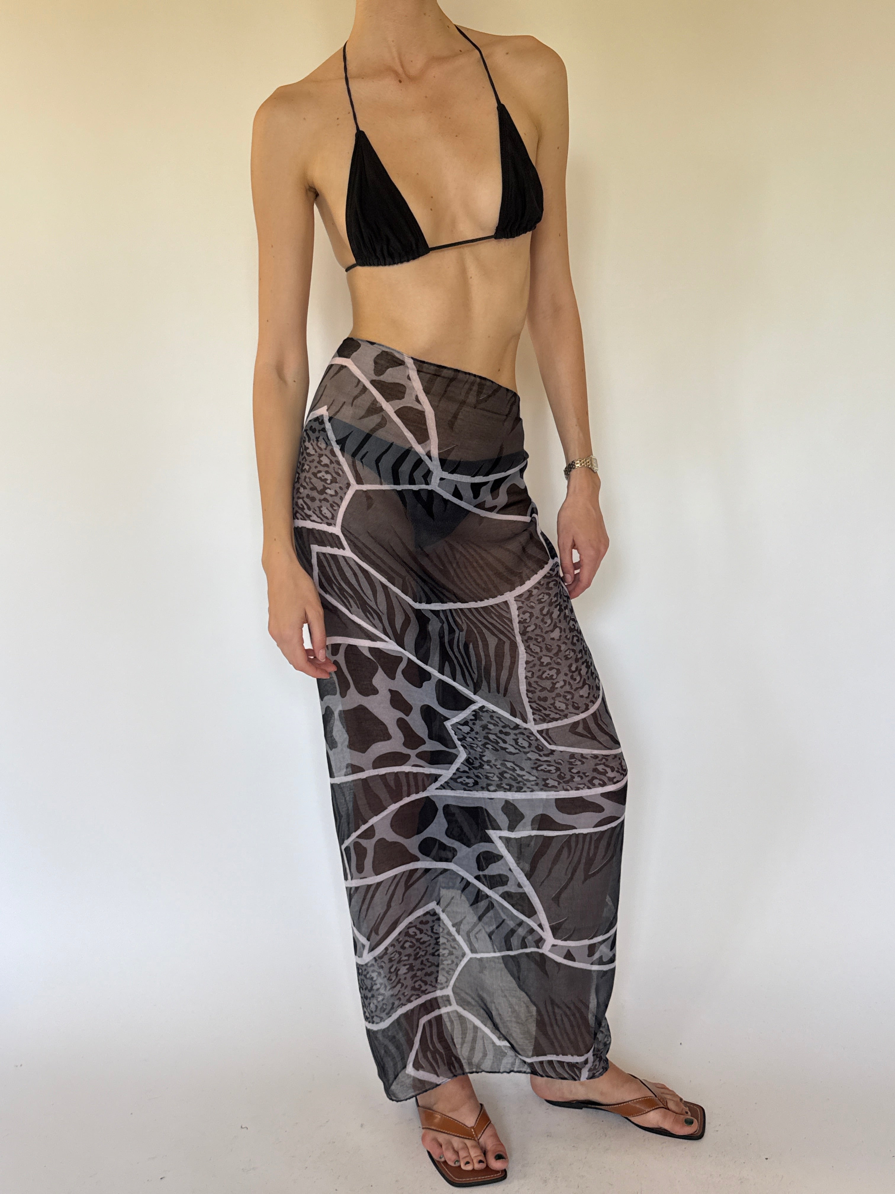 Vintage black and grey animal print sarong side view