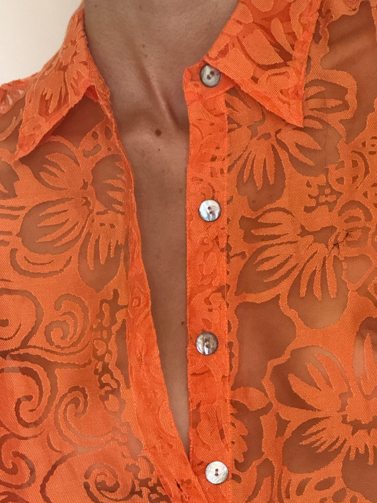 Vintage orange sheer floral burnout blouse