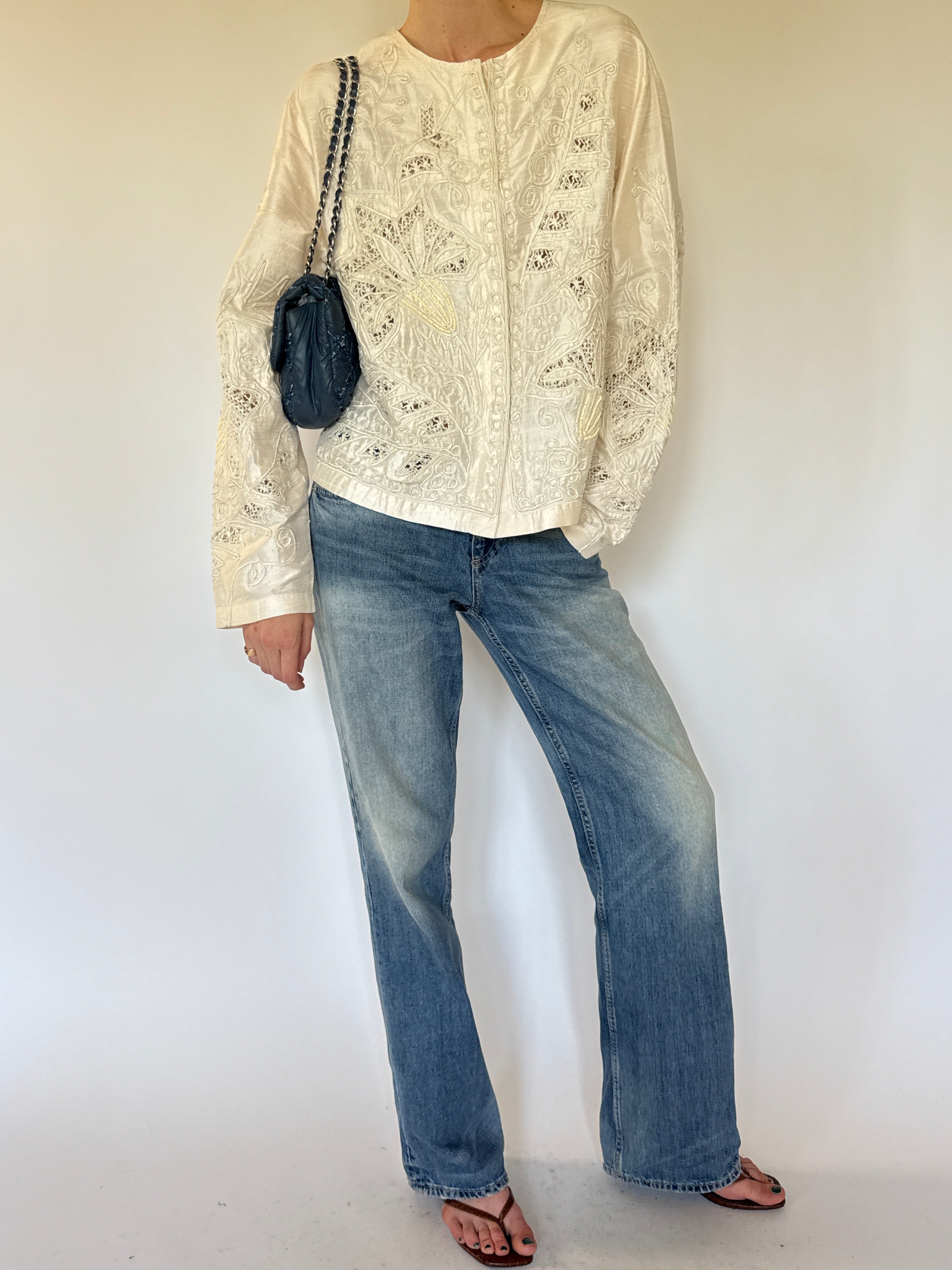 Vintage embroidered silk jacket ivory full-length view