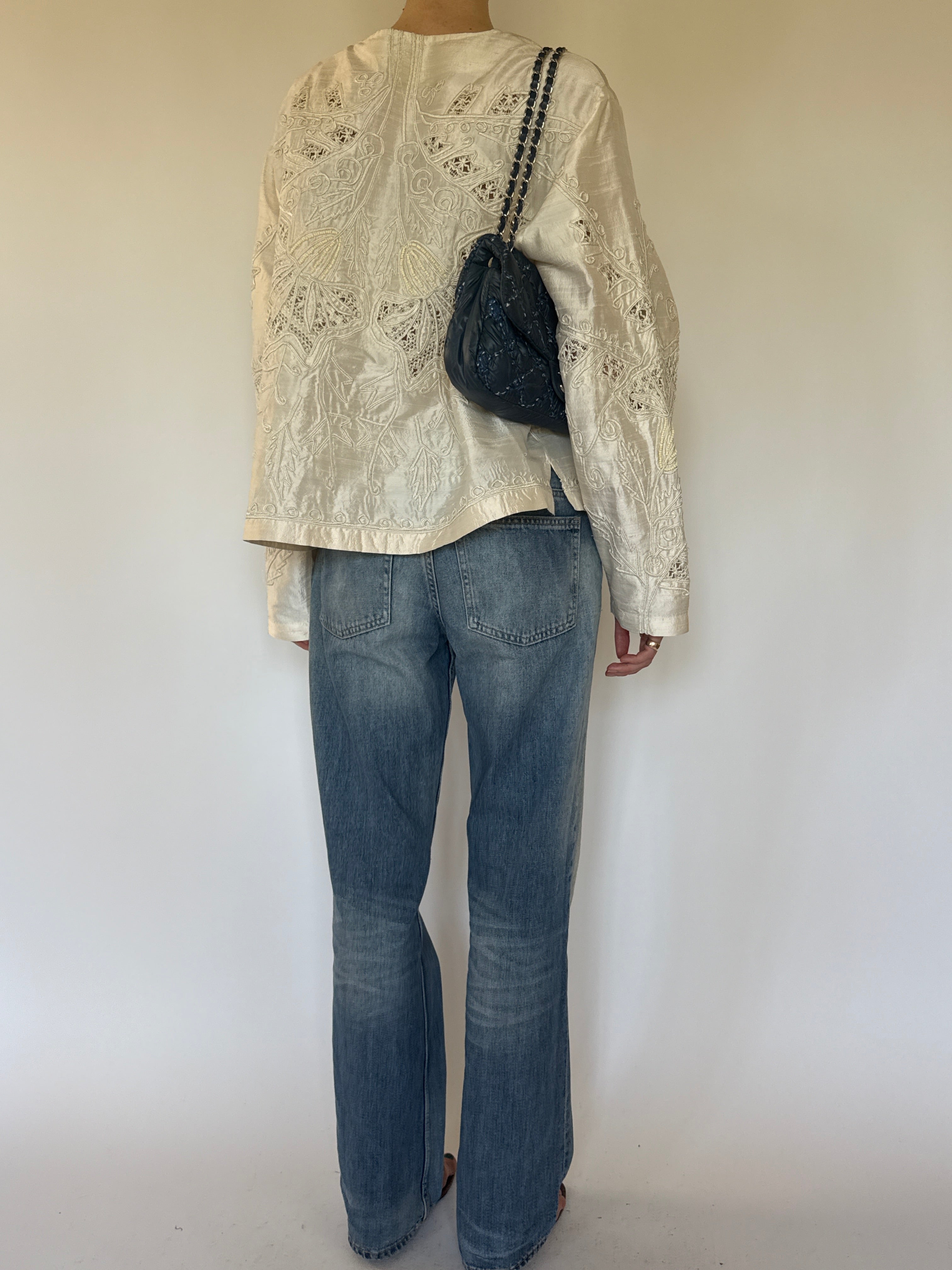 Vintage embroidered silk jacket ivory back view