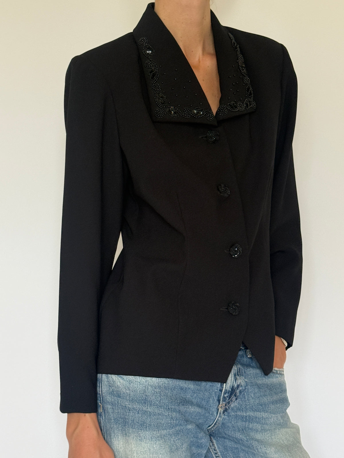 Vintage black beaded collar blazer side view