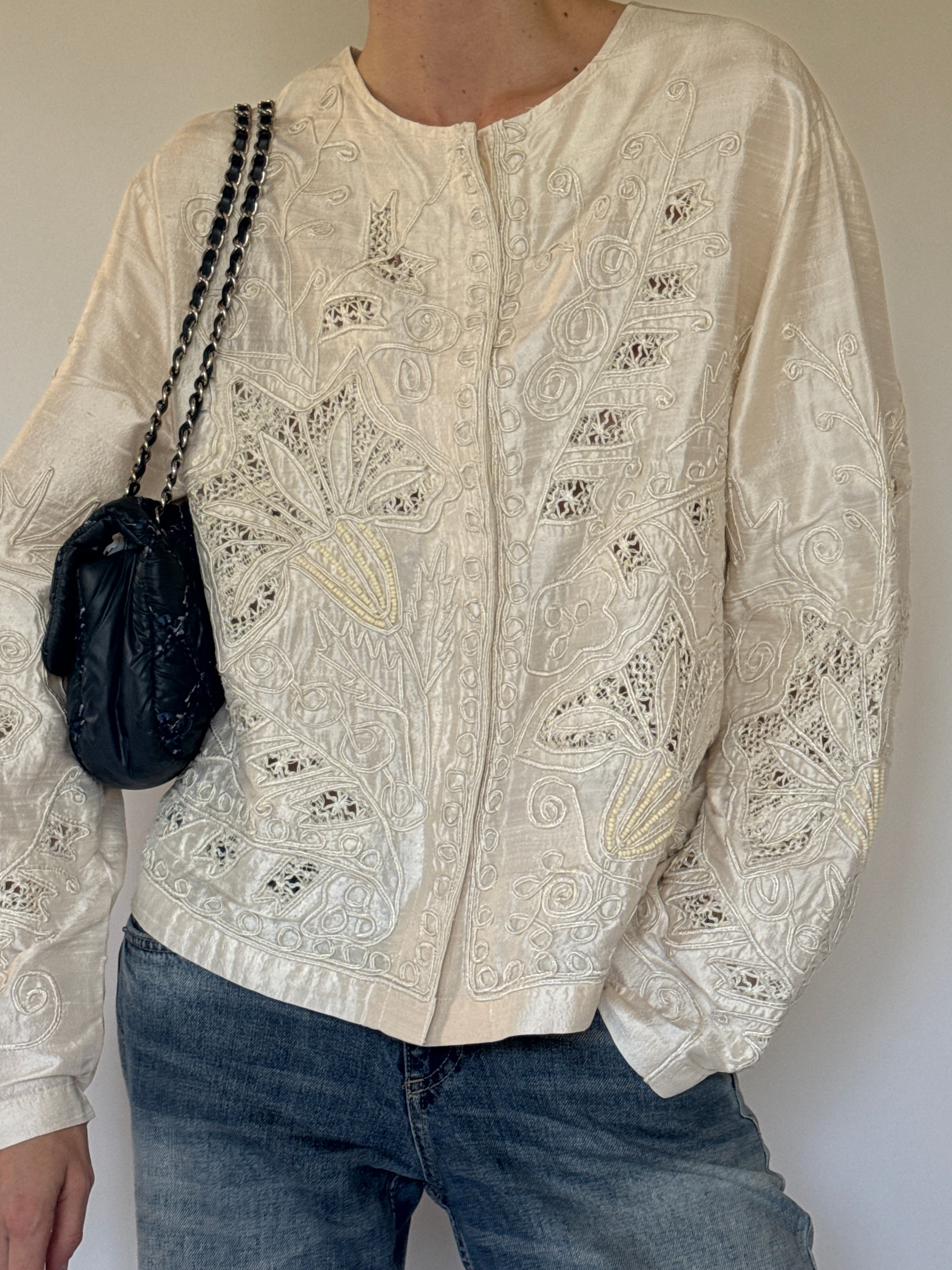 Vintage embroidered silk jacket ivory front view