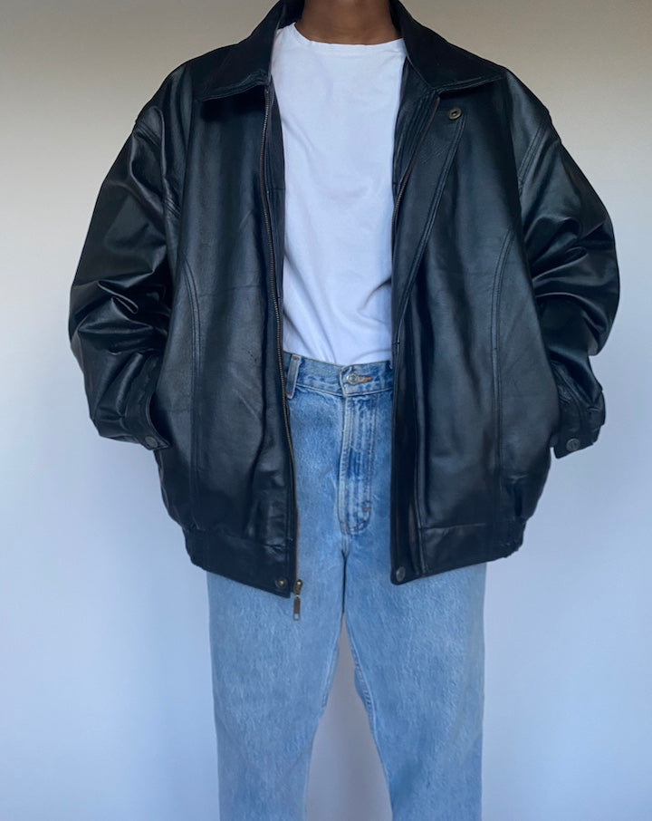 VINTAGE BOXY BLACK LEATHER JACKET 3484