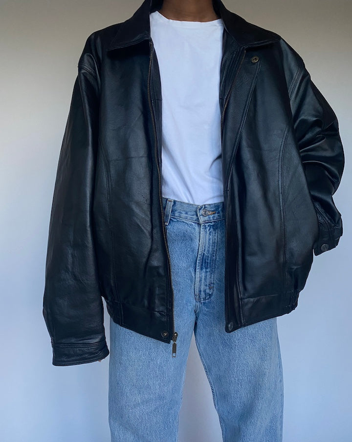 VINTAGE BOXY BLACK LEATHER JACKET 3484